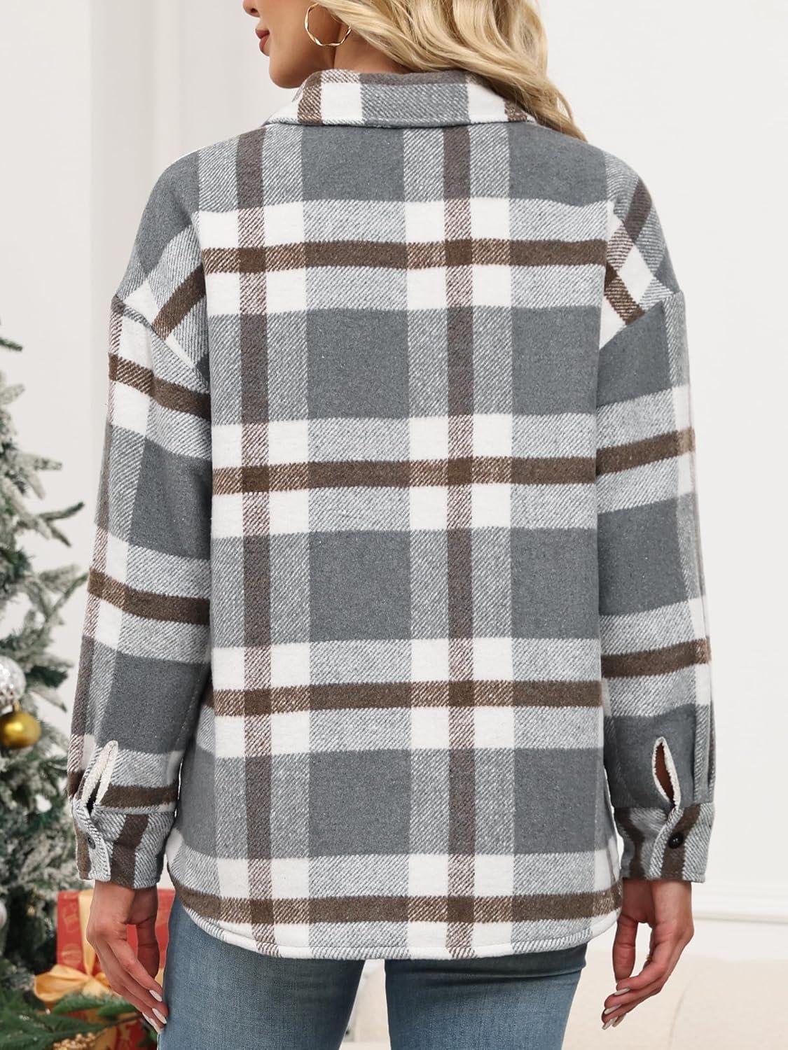 imageANRABESS Womens Sherpa Fleece Lined Flannel Plaid Shirt Jackets Fuzzy Warm Button Down Shacket with Pockets 2025 Fall OutfitsGrey Khaki Plaid