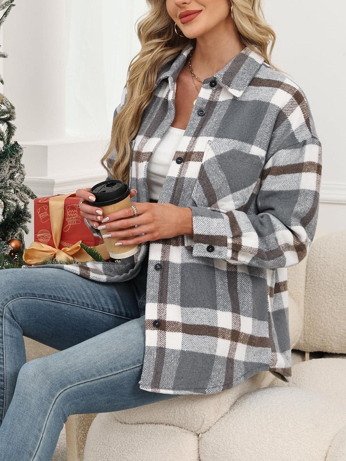 imageANRABESS Womens Sherpa Fleece Lined Flannel Plaid Shirt Jackets Fuzzy Warm Button Down Shacket with Pockets 2025 Fall OutfitsGrey Khaki Plaid
