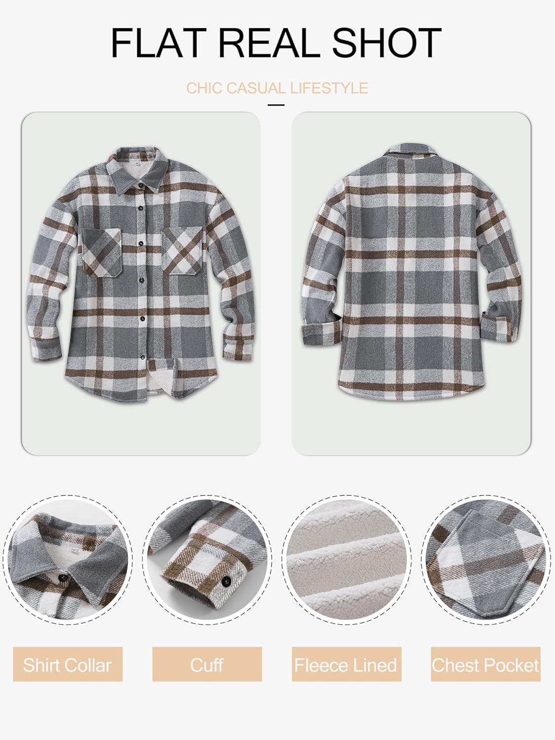 imageANRABESS Womens Sherpa Fleece Lined Flannel Plaid Shirt Jackets Fuzzy Warm Button Down Shacket with Pockets 2025 Fall OutfitsGrey Khaki Plaid