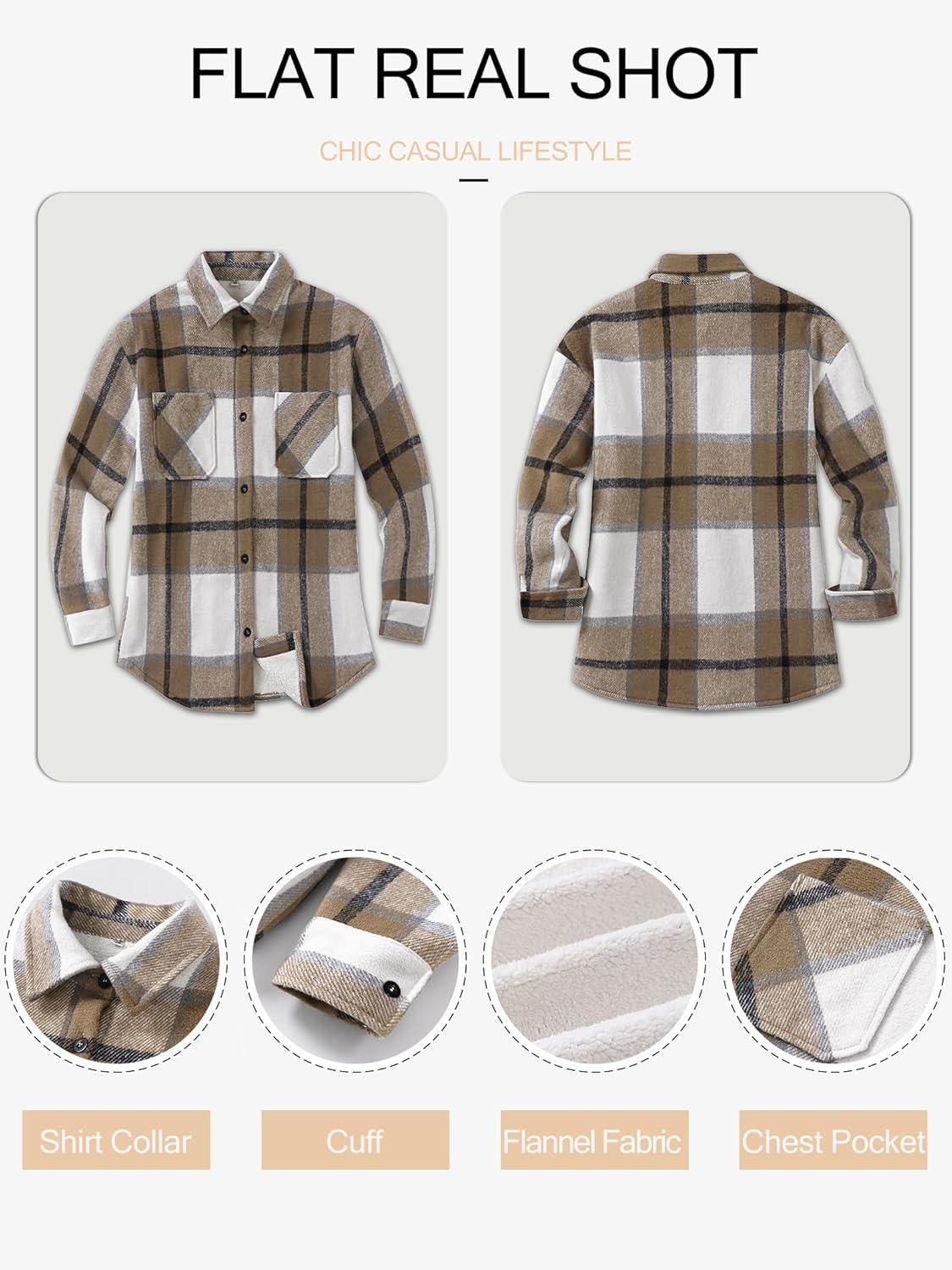 imageANRABESS Womens Sherpa Fleece Lined Flannel Plaid Shirt Jackets Fuzzy Warm Button Down Shacket with Pockets 2025 Fall OutfitsLight Brown Plaid