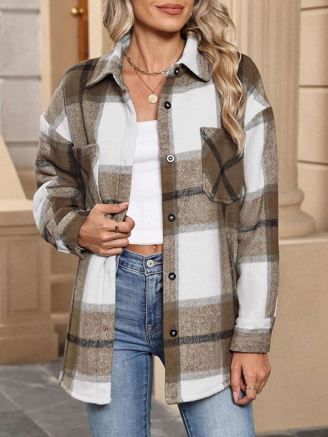imageANRABESS Womens Sherpa Fleece Lined Flannel Plaid Shirt Jackets Fuzzy Warm Button Down Shacket with Pockets 2025 Fall OutfitsLight Brown Plaid