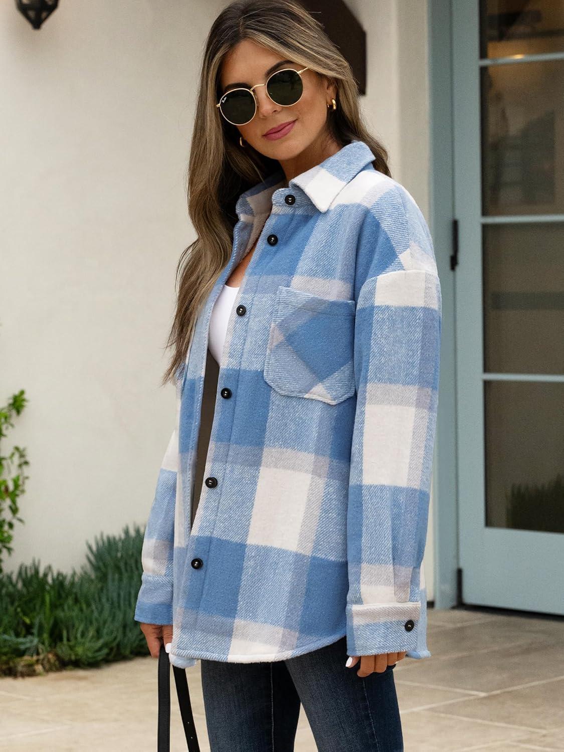 imageANRABESS Womens Sherpa Fleece Lined Flannel Plaid Shirt Jackets Fuzzy Warm Button Down Shacket with Pockets 2025 Fall OutfitsSky Blue Plaid