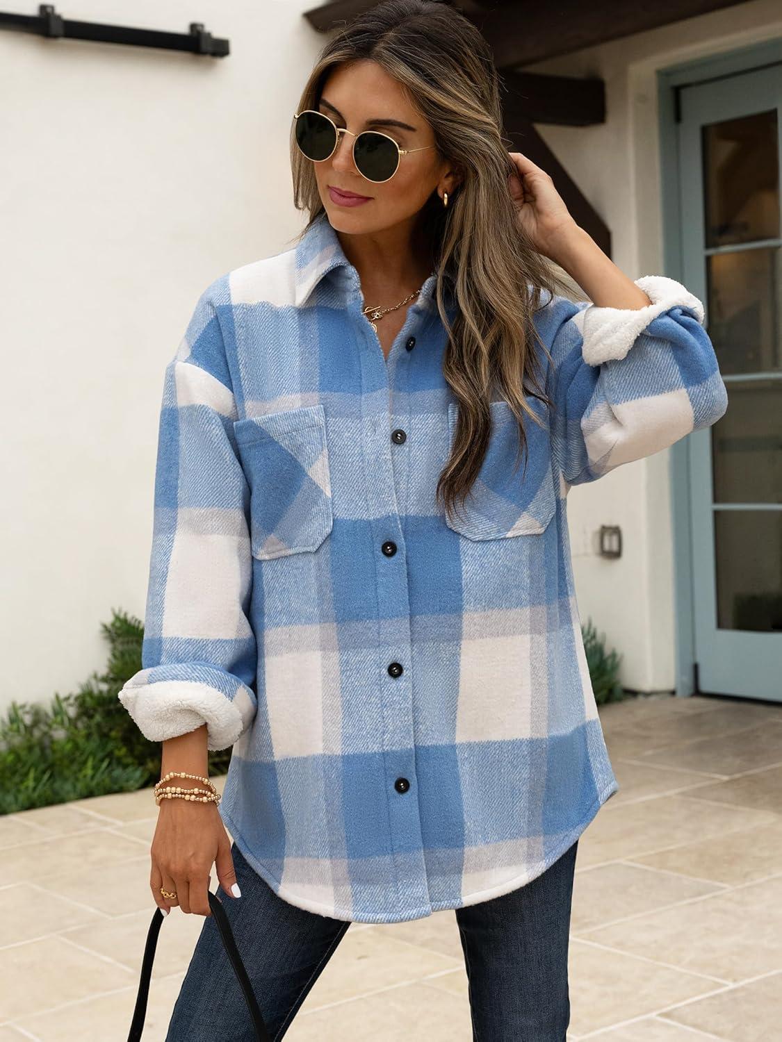 imageANRABESS Womens Sherpa Fleece Lined Flannel Plaid Shirt Jackets Fuzzy Warm Button Down Shacket with Pockets 2025 Fall OutfitsSky Blue Plaid