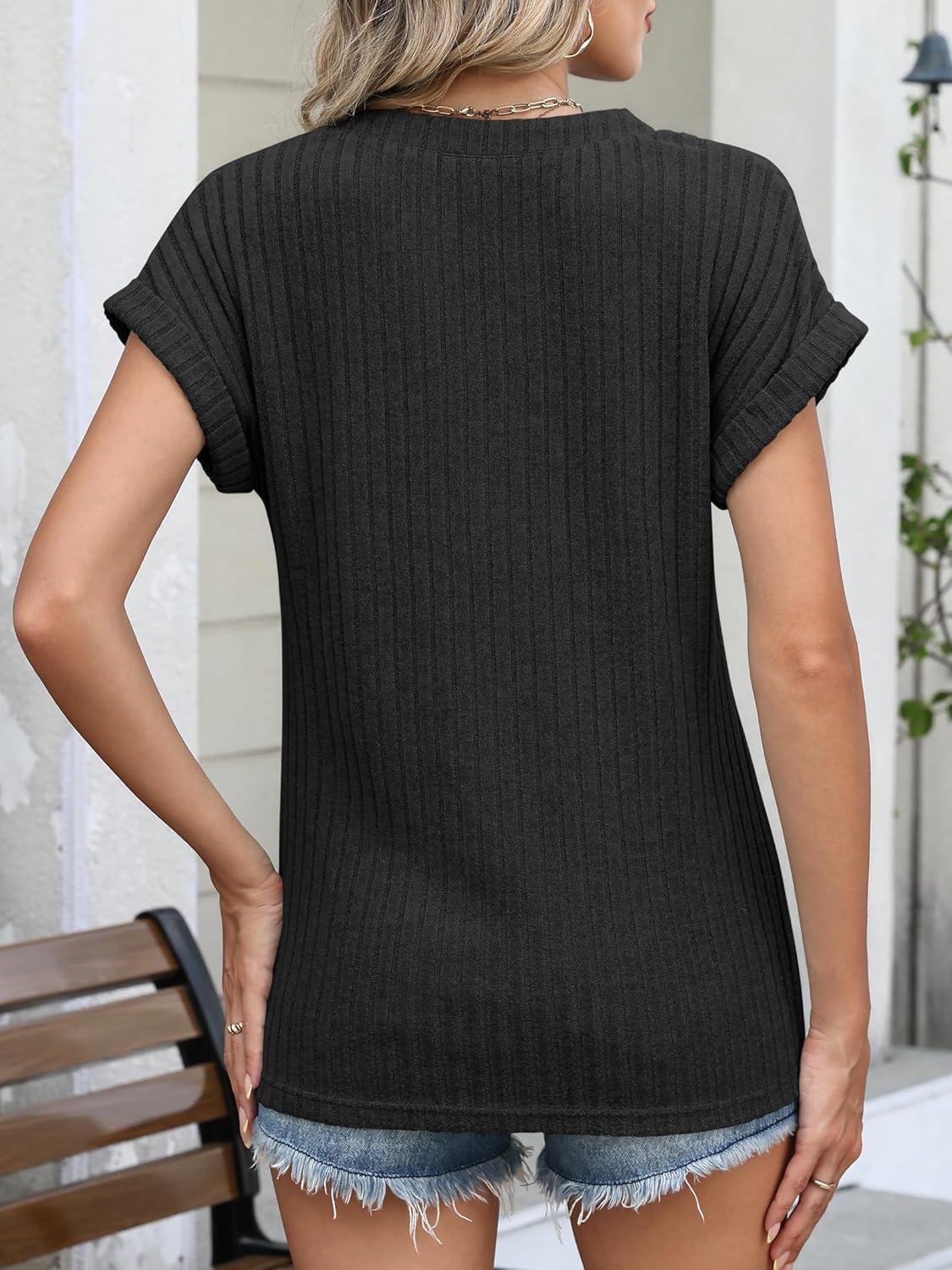 imageANRABESS Womens Short Sleeve Henley Shirts V Neck Summer Sweaters 2026 Spring Business Tunic Tops Dressy Casual Work BlousesBlack