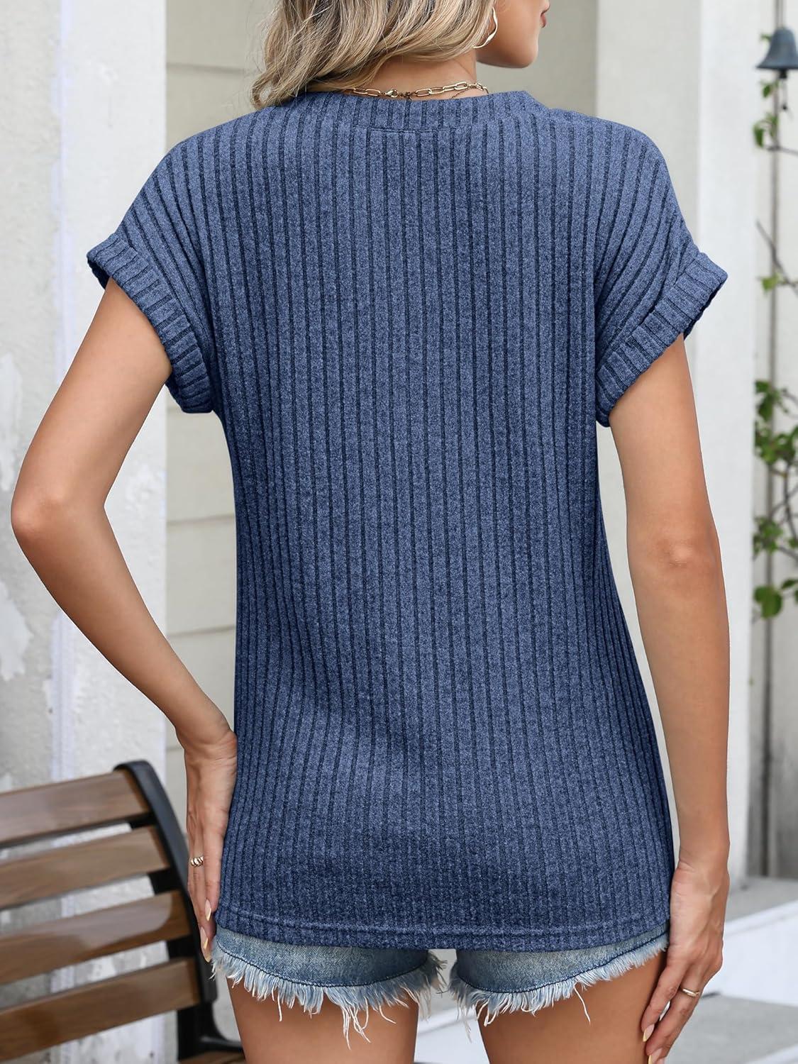 imageANRABESS Womens Short Sleeve Henley Shirts V Neck Summer Sweaters 2026 Spring Business Tunic Tops Dressy Casual Work BlousesDark Blue