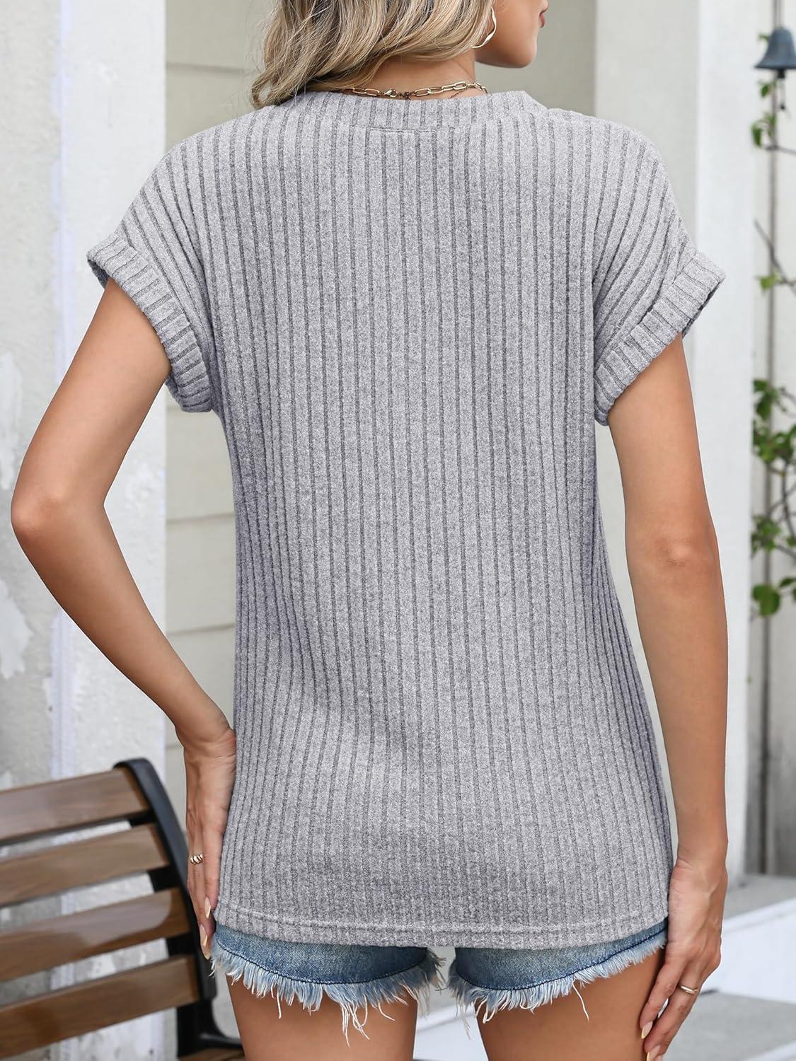 imageANRABESS Womens Short Sleeve Henley Shirts V Neck Summer Sweaters 2026 Spring Business Tunic Tops Dressy Casual Work BlousesGrey