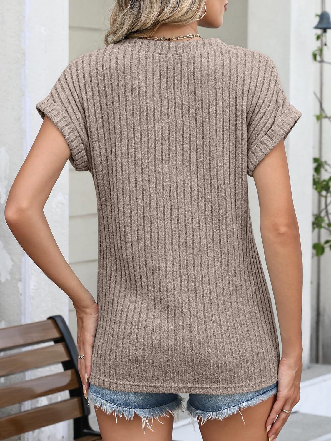 imageANRABESS Womens Short Sleeve Henley Shirts V Neck Summer Sweaters 2026 Spring Business Tunic Tops Dressy Casual Work BlousesLight Ash Brown