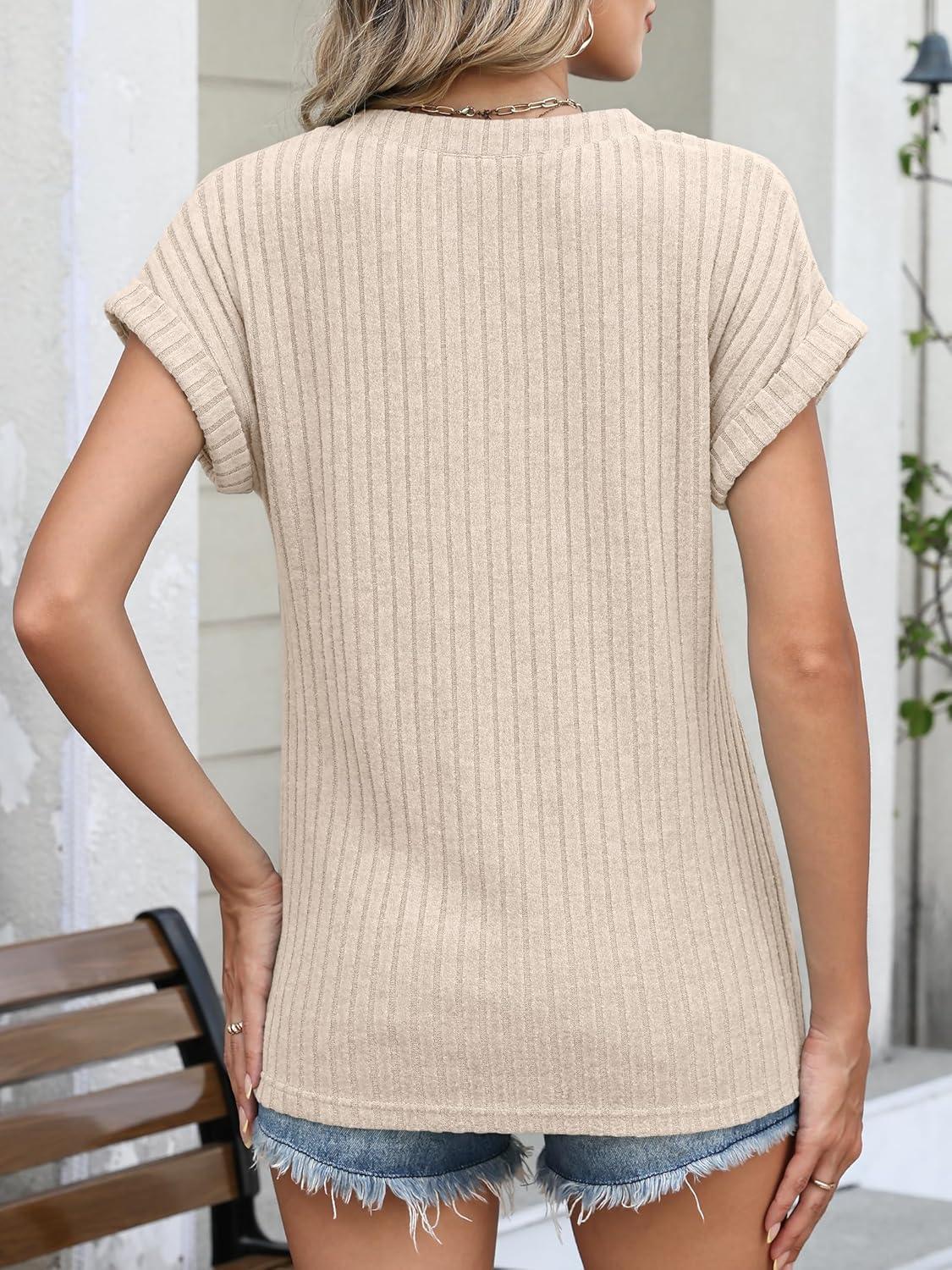 imageANRABESS Womens Short Sleeve Henley Shirts V Neck Summer Sweaters 2026 Spring Business Tunic Tops Dressy Casual Work BlousesLight Khaki