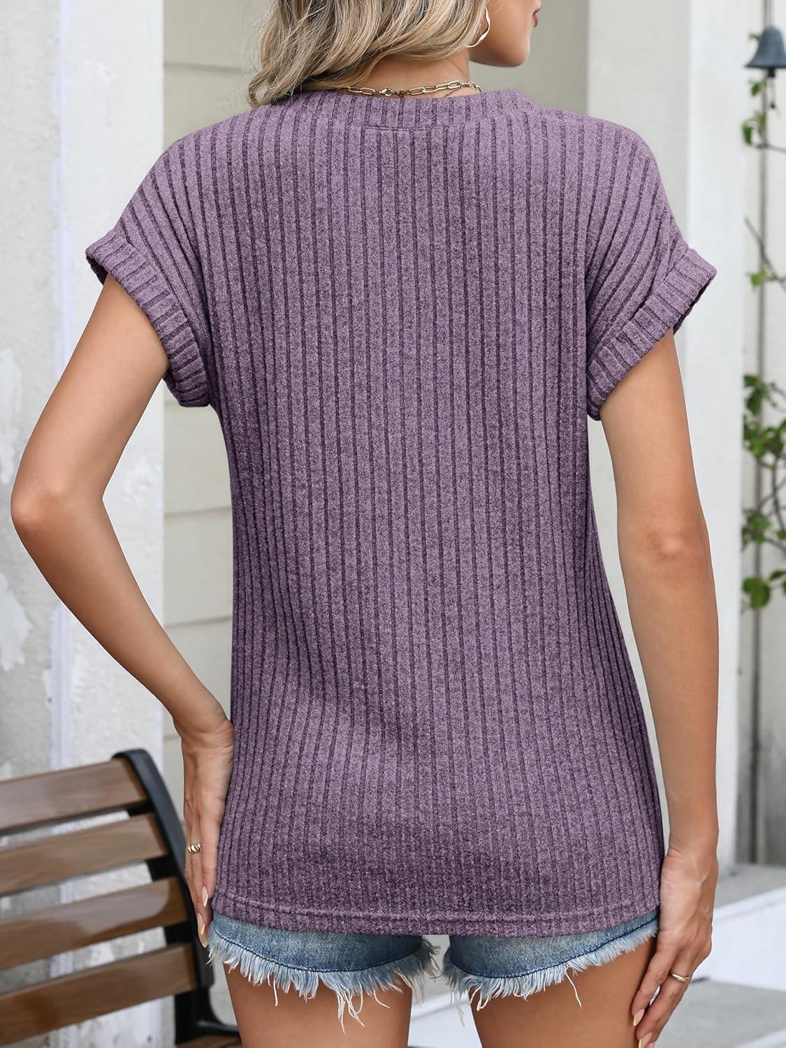 imageANRABESS Womens Short Sleeve Henley Shirts V Neck Summer Sweaters 2026 Spring Business Tunic Tops Dressy Casual Work BlousesPurple
