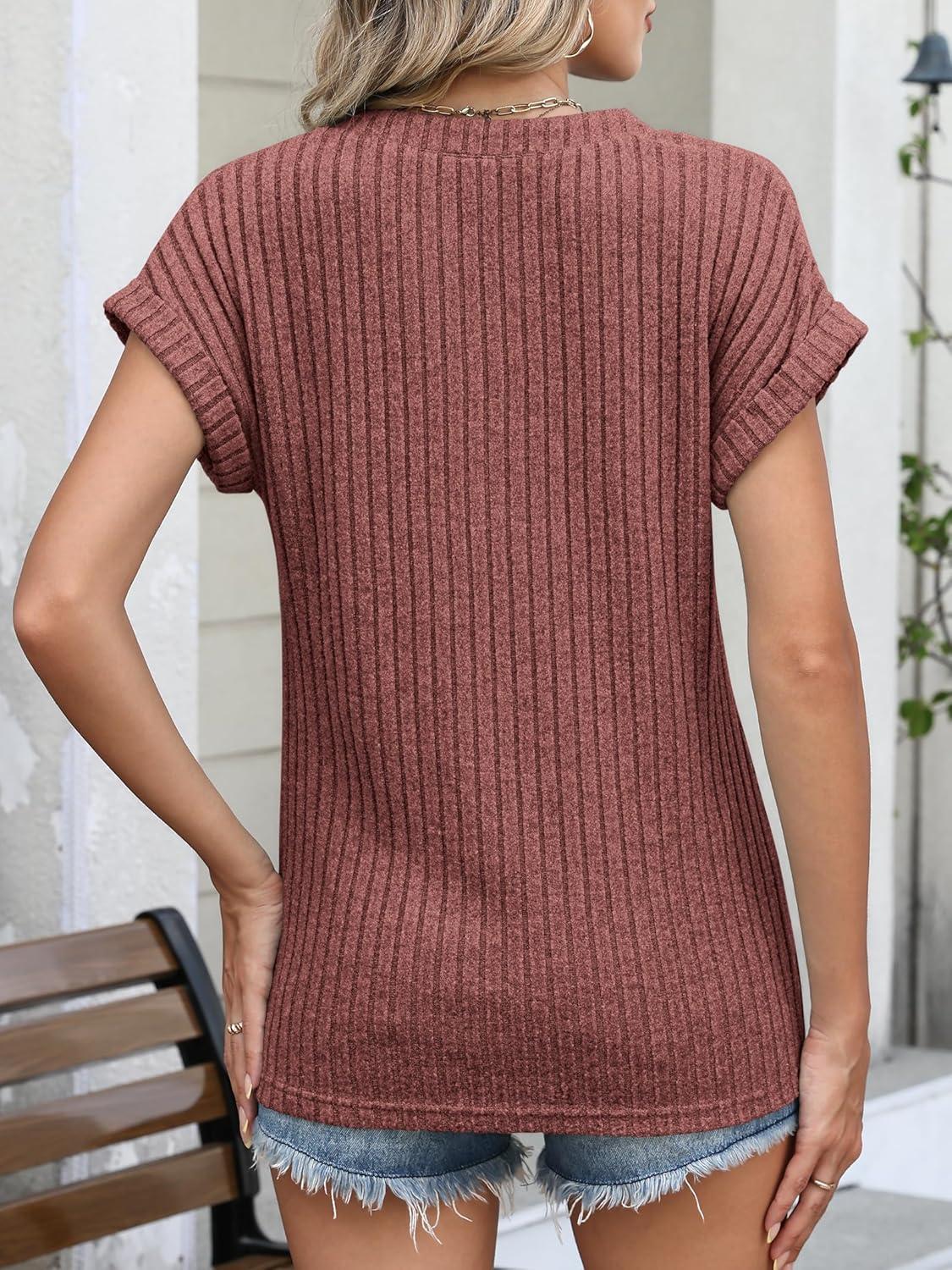 imageANRABESS Womens Short Sleeve Henley Shirts V Neck Summer Sweaters 2026 Spring Business Tunic Tops Dressy Casual Work BlousesRust Orange