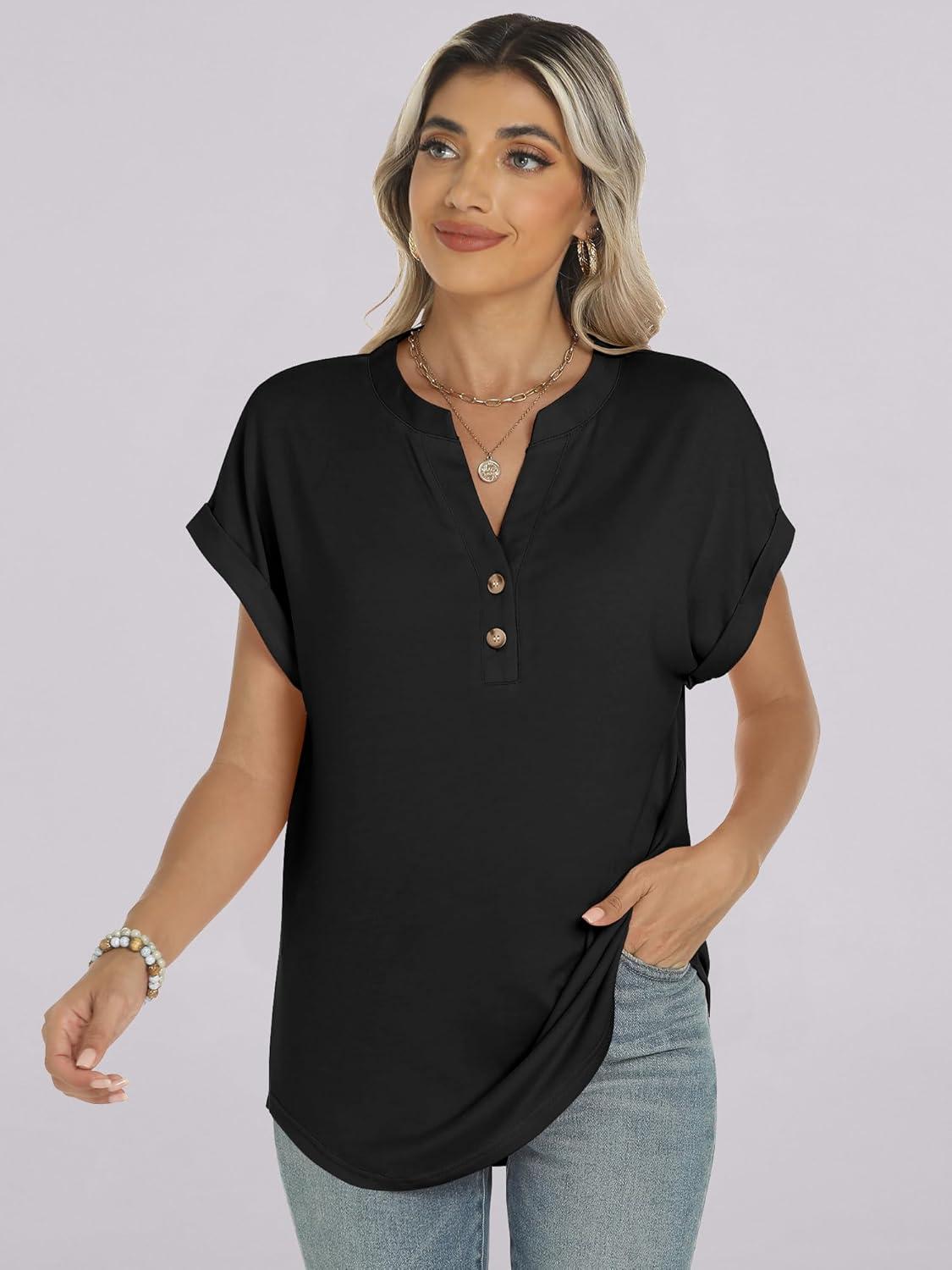 imageANRABESS Womens Short Sleeve Henley Tops V Neck Dressy Casual Blouses Summer Trendy Tee Shirts 2025 Vacation Fashion ClothesBlack