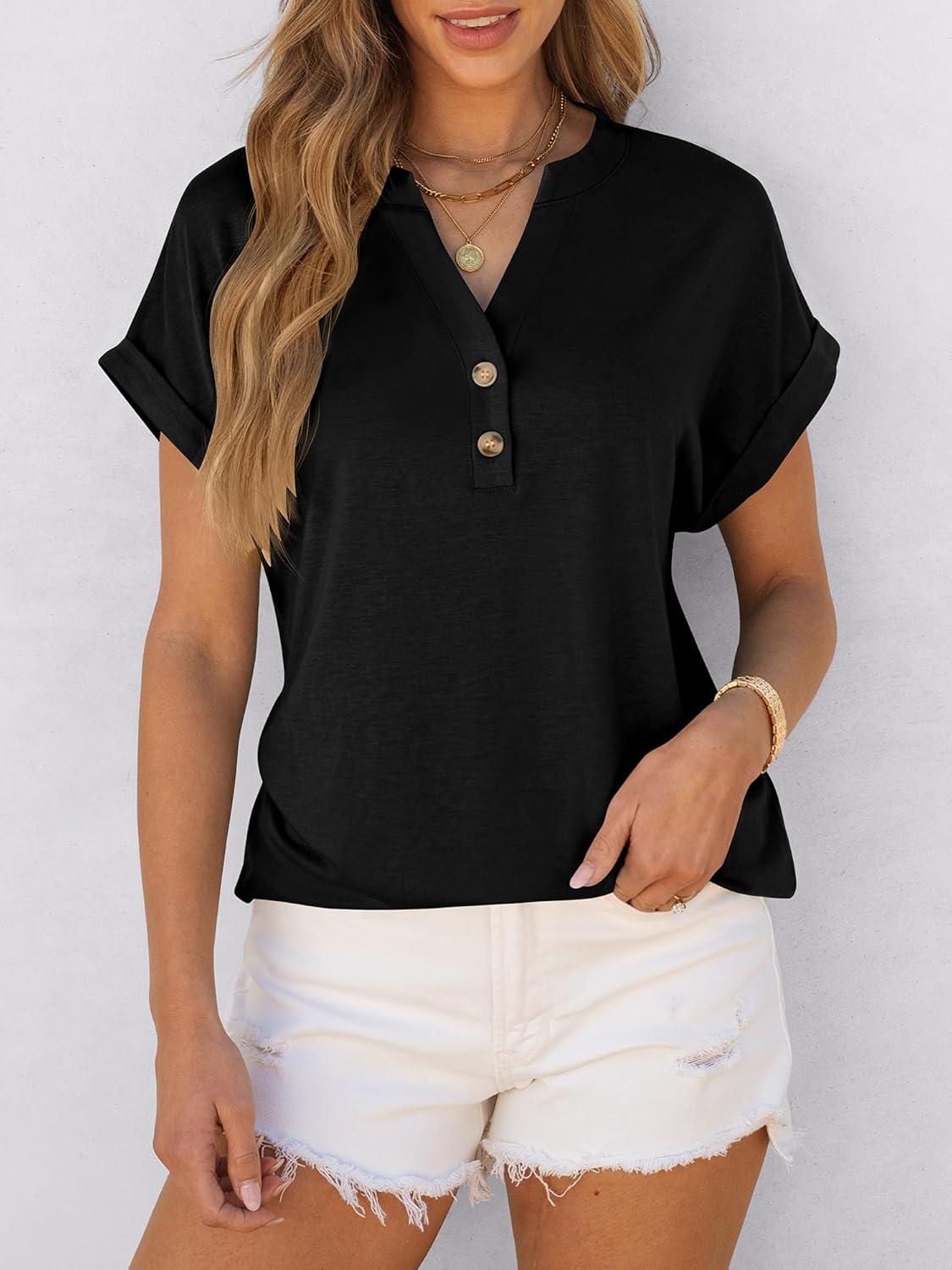 imageANRABESS Womens Short Sleeve Henley Tops V Neck Dressy Casual Blouses Summer Trendy Tee Shirts 2025 Vacation Fashion ClothesBlack