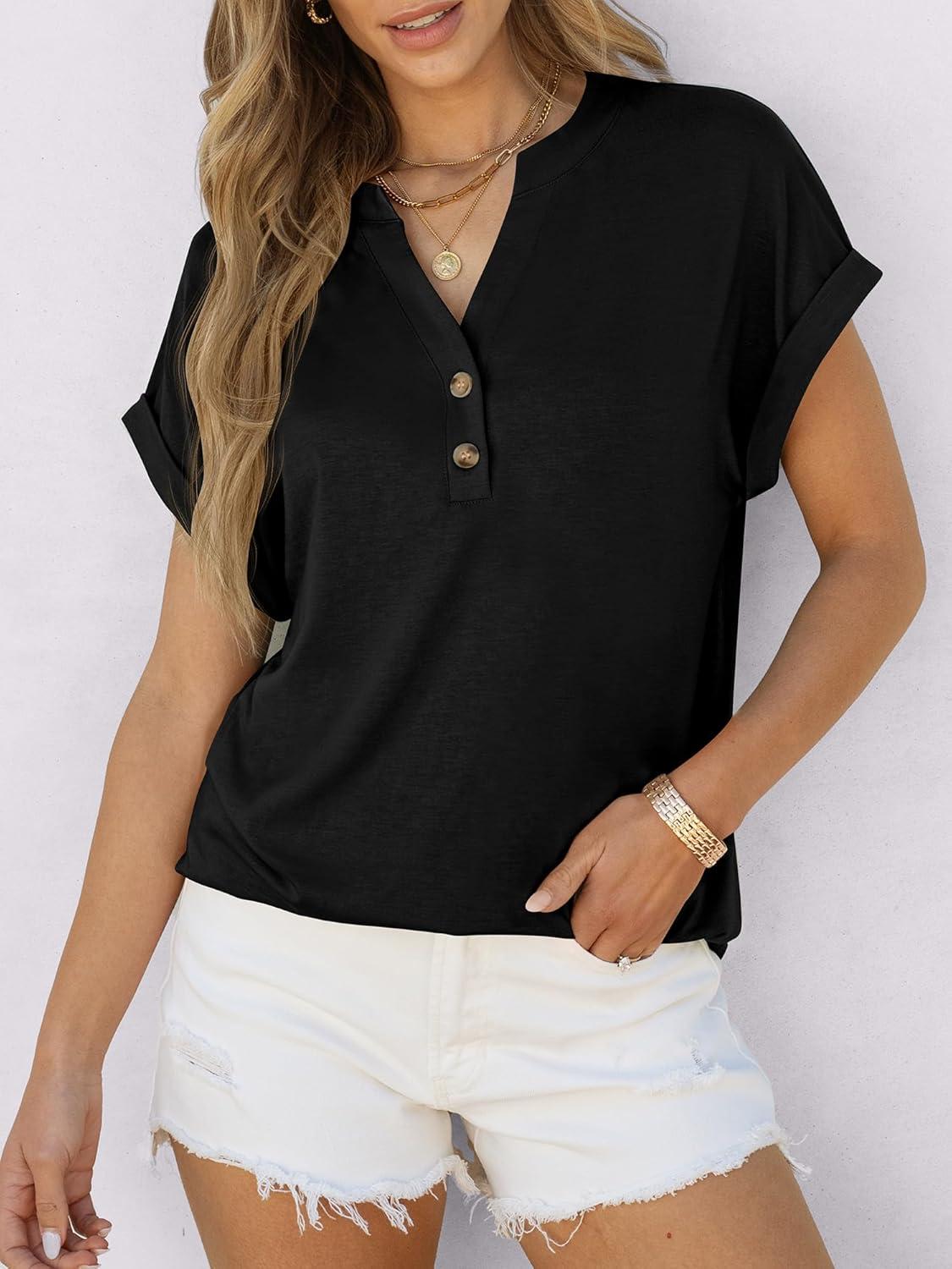 imageANRABESS Womens Short Sleeve Henley Tops V Neck Dressy Casual Blouses Summer Trendy Tee Shirts 2025 Vacation Fashion ClothesBlack