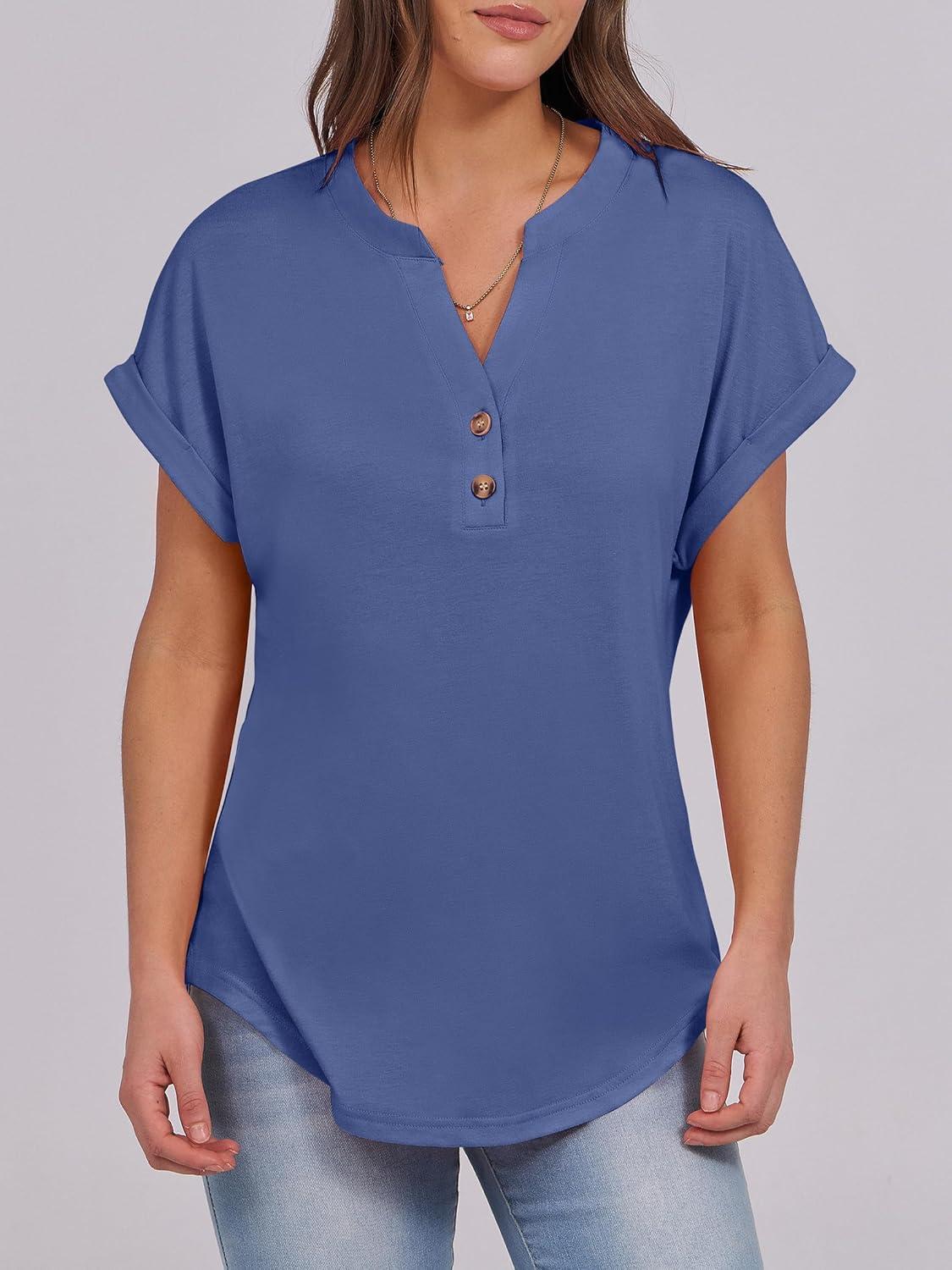 imageANRABESS Womens Short Sleeve Henley Tops V Neck Dressy Casual Blouses Summer Trendy Tee Shirts 2025 Vacation Fashion ClothesBlue
