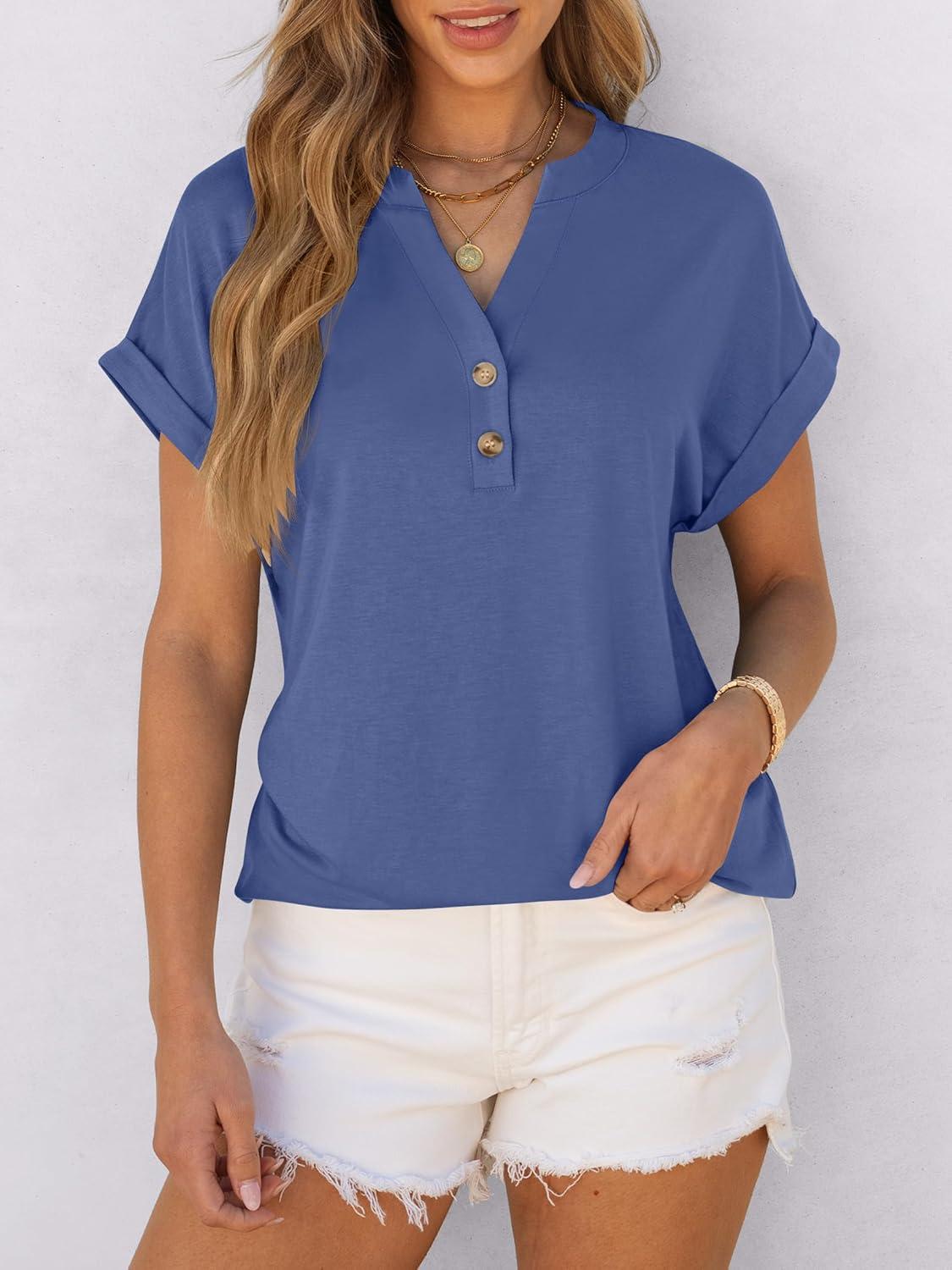 imageANRABESS Womens Short Sleeve Henley Tops V Neck Dressy Casual Blouses Summer Trendy Tee Shirts 2025 Vacation Fashion ClothesBlue