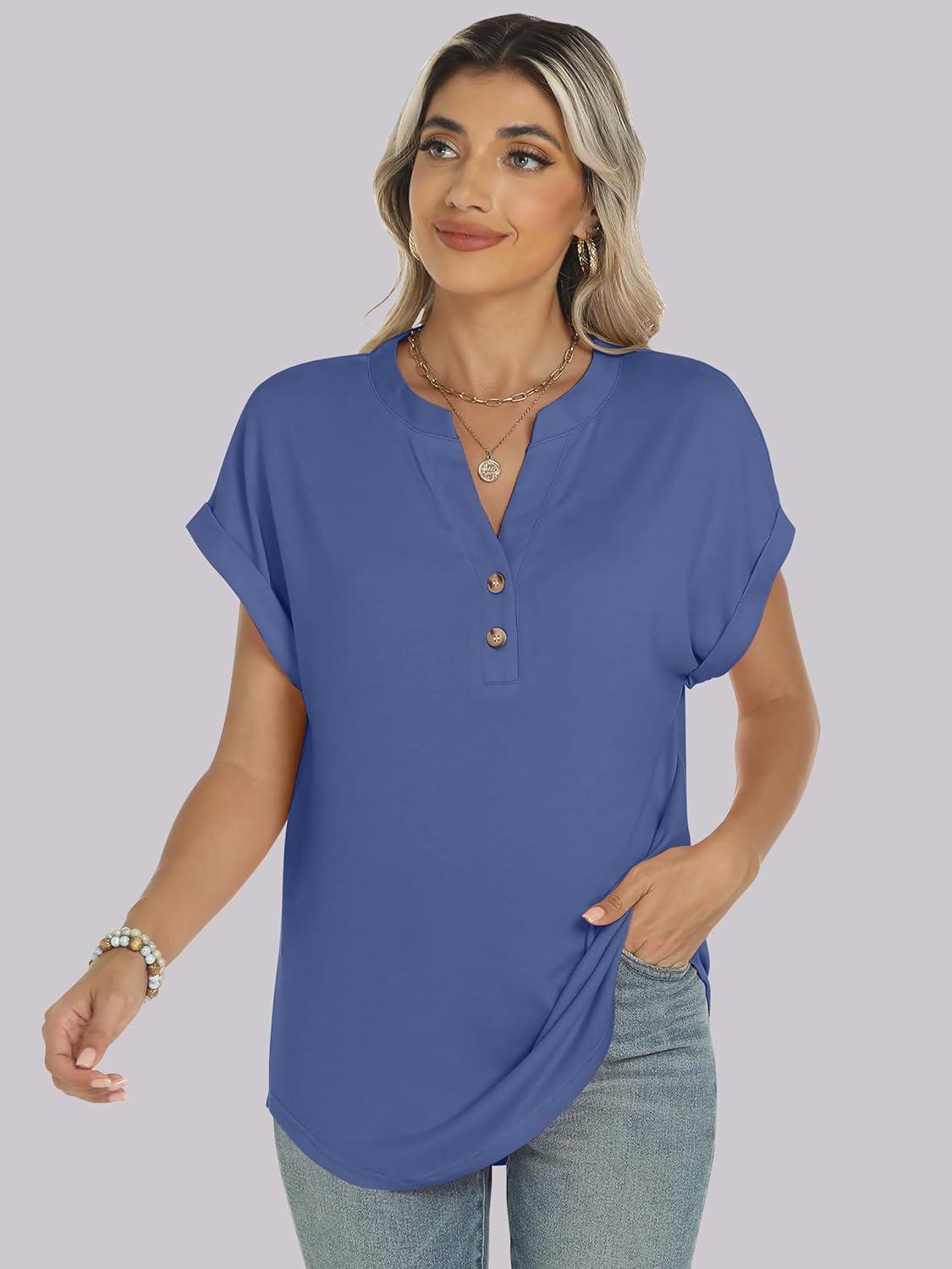 imageANRABESS Womens Short Sleeve Henley Tops V Neck Dressy Casual Blouses Summer Trendy Tee Shirts 2025 Vacation Fashion ClothesBlue