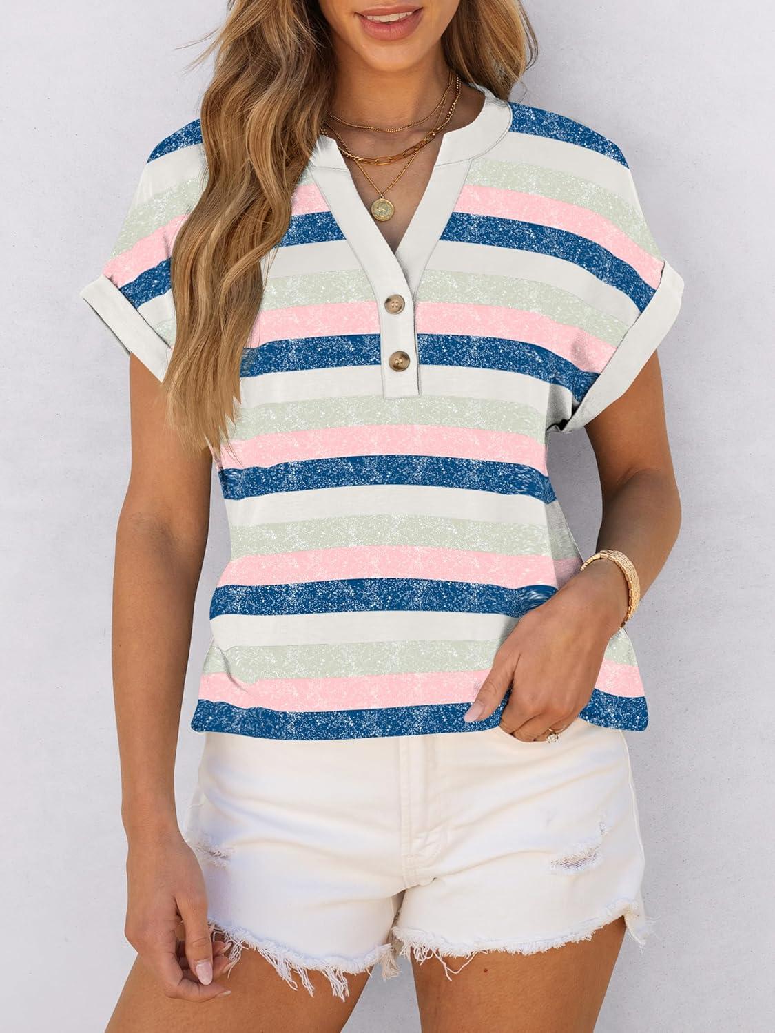 imageANRABESS Womens Short Sleeve Henley Tops V Neck Dressy Casual Blouses Summer Trendy Tee Shirts 2025 Vacation Fashion ClothesBlue Pink Strip