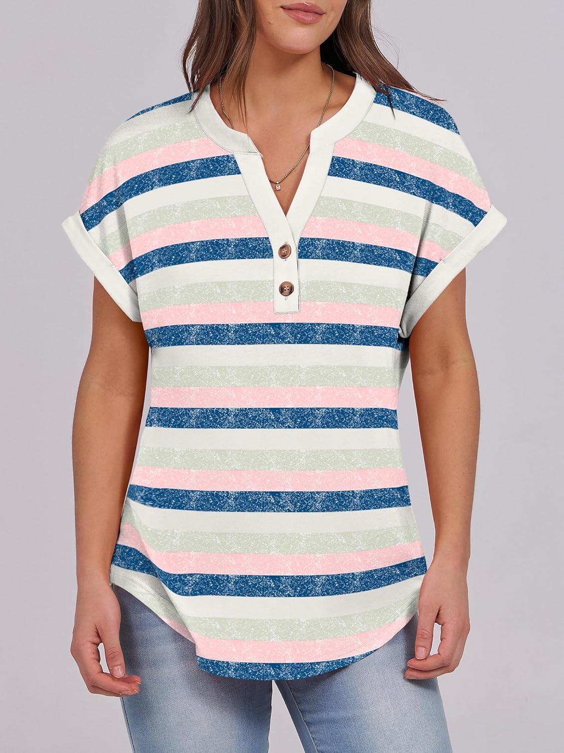 imageANRABESS Womens Short Sleeve Henley Tops V Neck Dressy Casual Blouses Summer Trendy Tee Shirts 2025 Vacation Fashion ClothesBlue Pink Strip