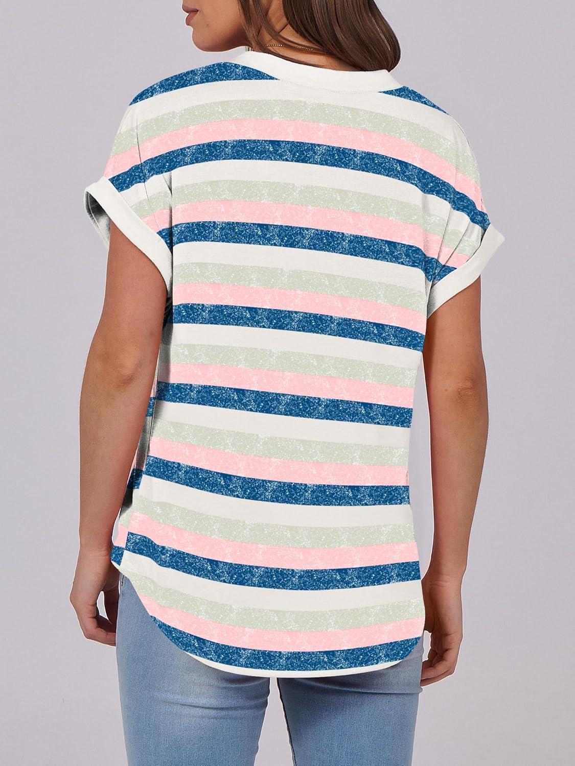 imageANRABESS Womens Short Sleeve Henley Tops V Neck Dressy Casual Blouses Summer Trendy Tee Shirts 2025 Vacation Fashion ClothesBlue Pink Strip