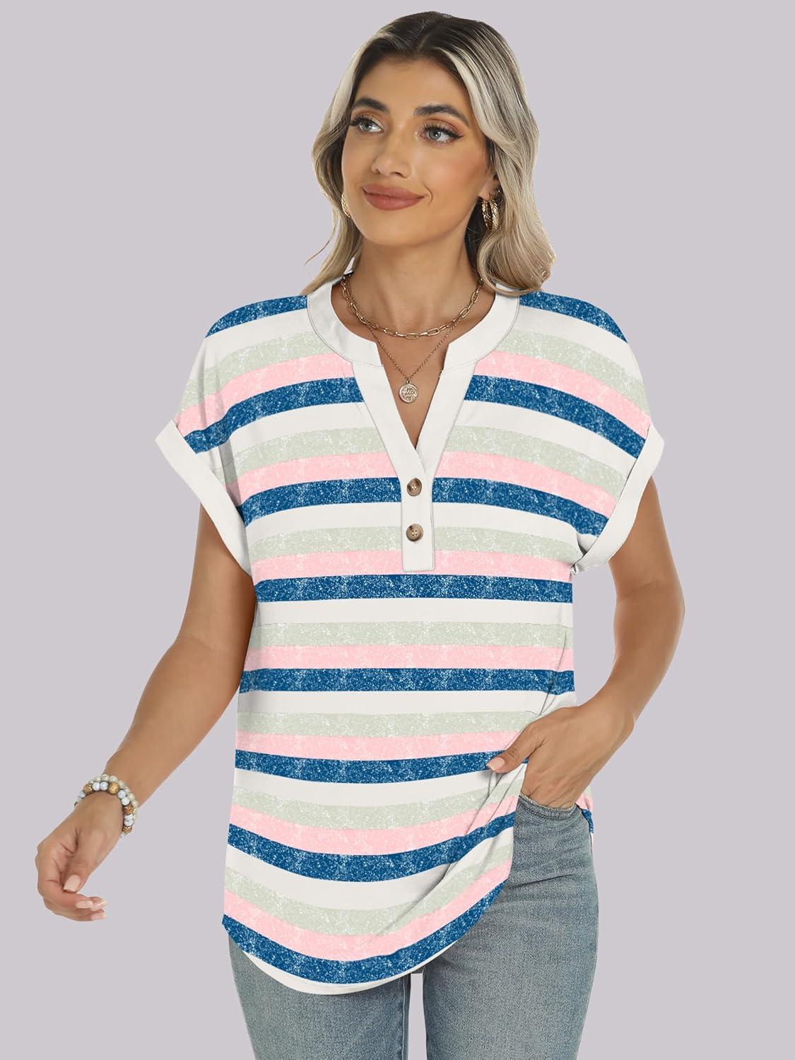 imageANRABESS Womens Short Sleeve Henley Tops V Neck Dressy Casual Blouses Summer Trendy Tee Shirts 2025 Vacation Fashion ClothesBlue Pink Strip