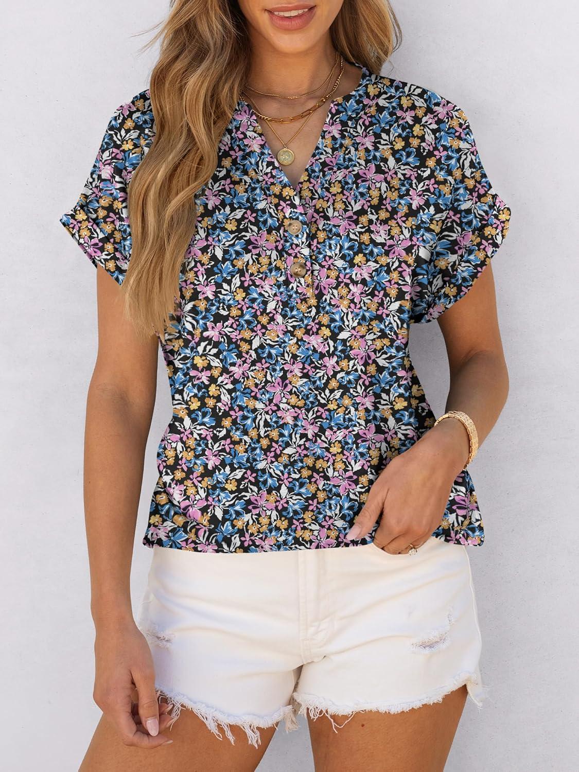 imageANRABESS Womens Short Sleeve Henley Tops V Neck Dressy Casual Blouses Summer Trendy Tee Shirts 2025 Vacation Fashion ClothesBlue Purple Floral