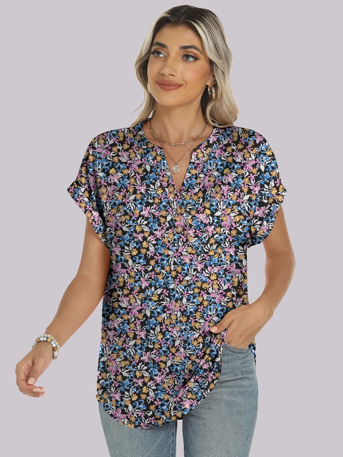 imageANRABESS Womens Short Sleeve Henley Tops V Neck Dressy Casual Blouses Summer Trendy Tee Shirts 2025 Vacation Fashion ClothesBlue Purple Floral