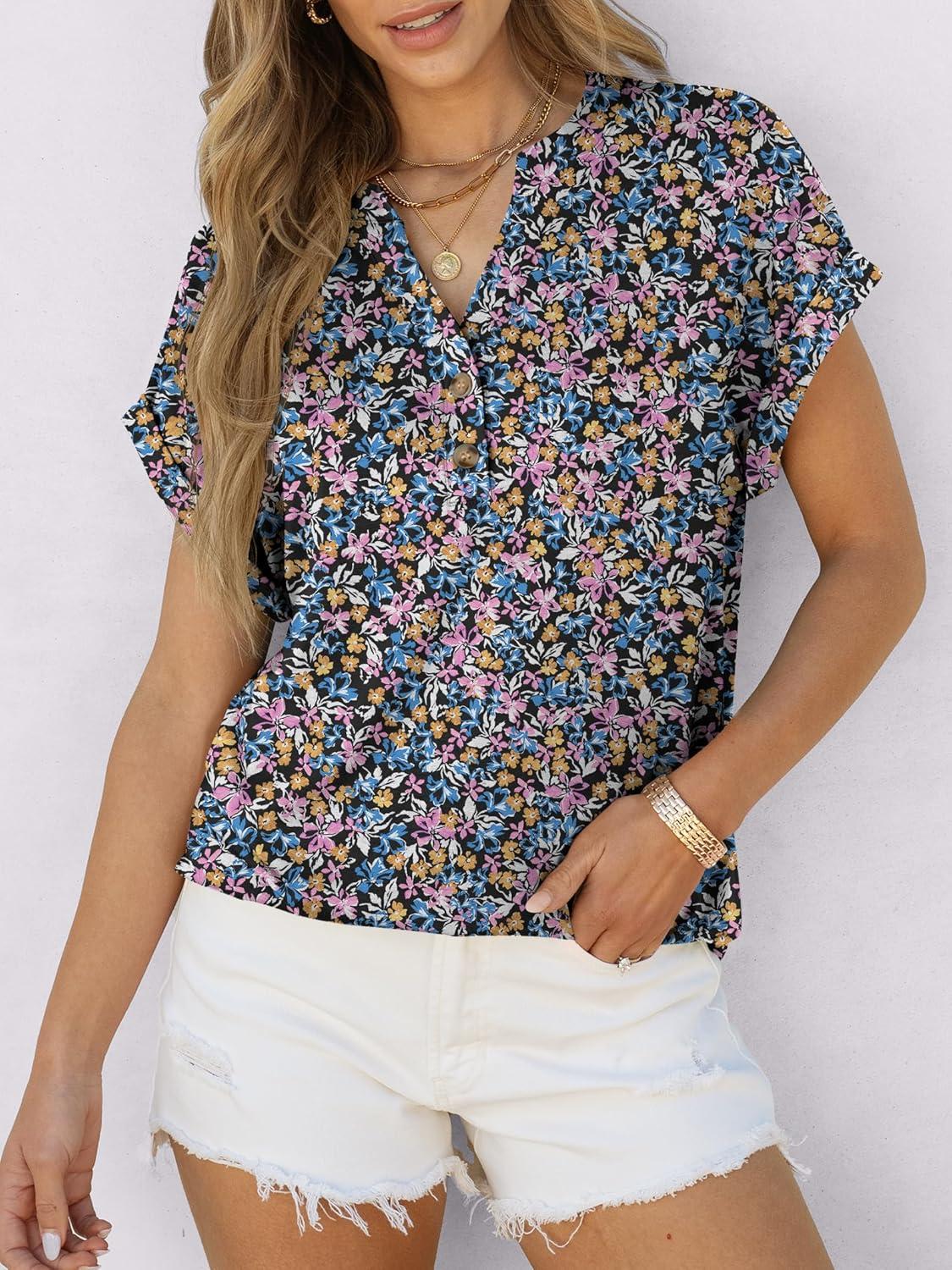 imageANRABESS Womens Short Sleeve Henley Tops V Neck Dressy Casual Blouses Summer Trendy Tee Shirts 2025 Vacation Fashion ClothesBlue Purple Floral