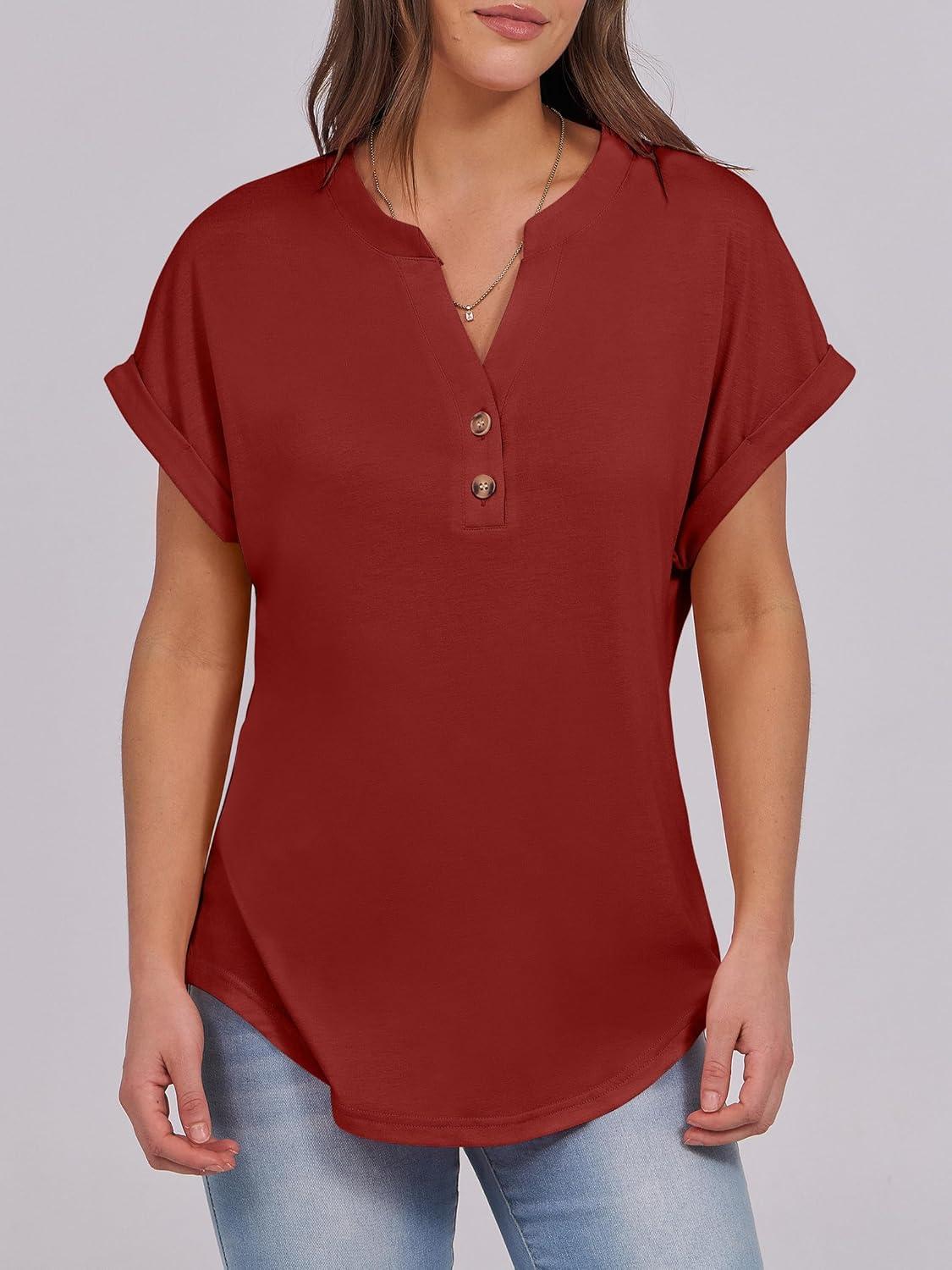 imageANRABESS Womens Short Sleeve Henley Tops V Neck Dressy Casual Blouses Summer Trendy Tee Shirts 2025 Vacation Fashion ClothesBrick Red
