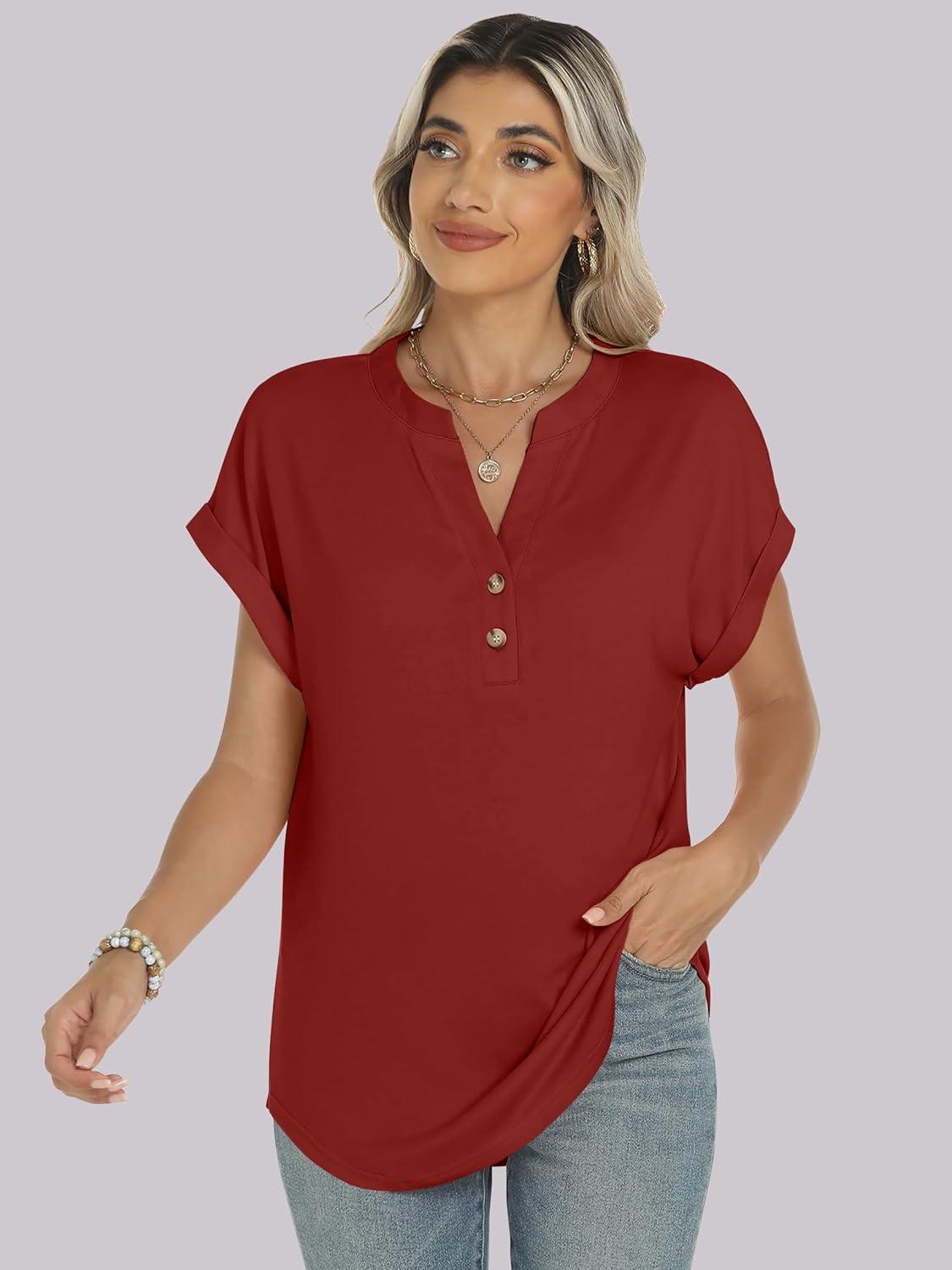 imageANRABESS Womens Short Sleeve Henley Tops V Neck Dressy Casual Blouses Summer Trendy Tee Shirts 2025 Vacation Fashion ClothesBrick Red