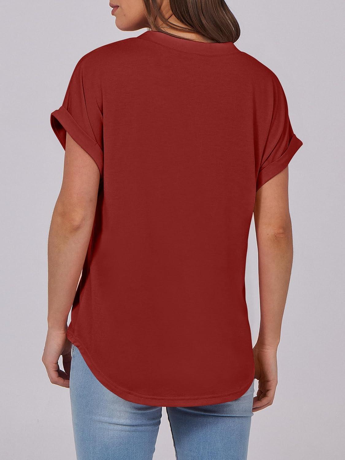 imageANRABESS Womens Short Sleeve Henley Tops V Neck Dressy Casual Blouses Summer Trendy Tee Shirts 2025 Vacation Fashion ClothesBrick Red