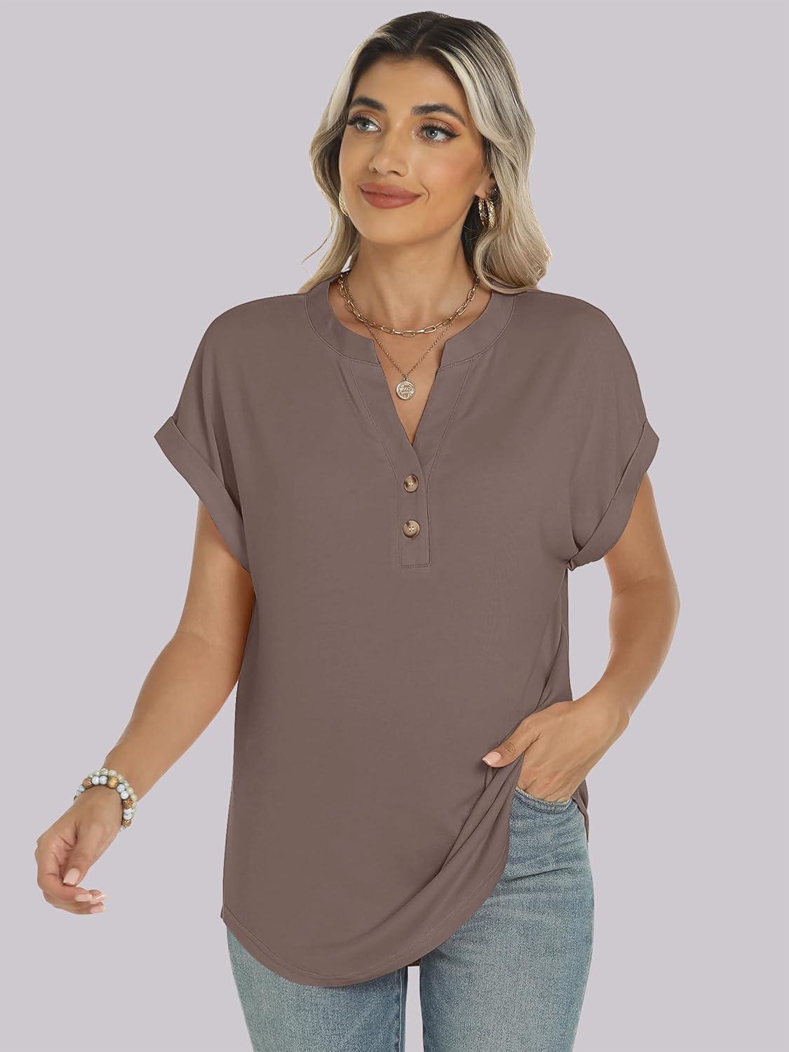 imageANRABESS Womens Short Sleeve Henley Tops V Neck Dressy Casual Blouses Summer Trendy Tee Shirts 2025 Vacation Fashion ClothesBrown