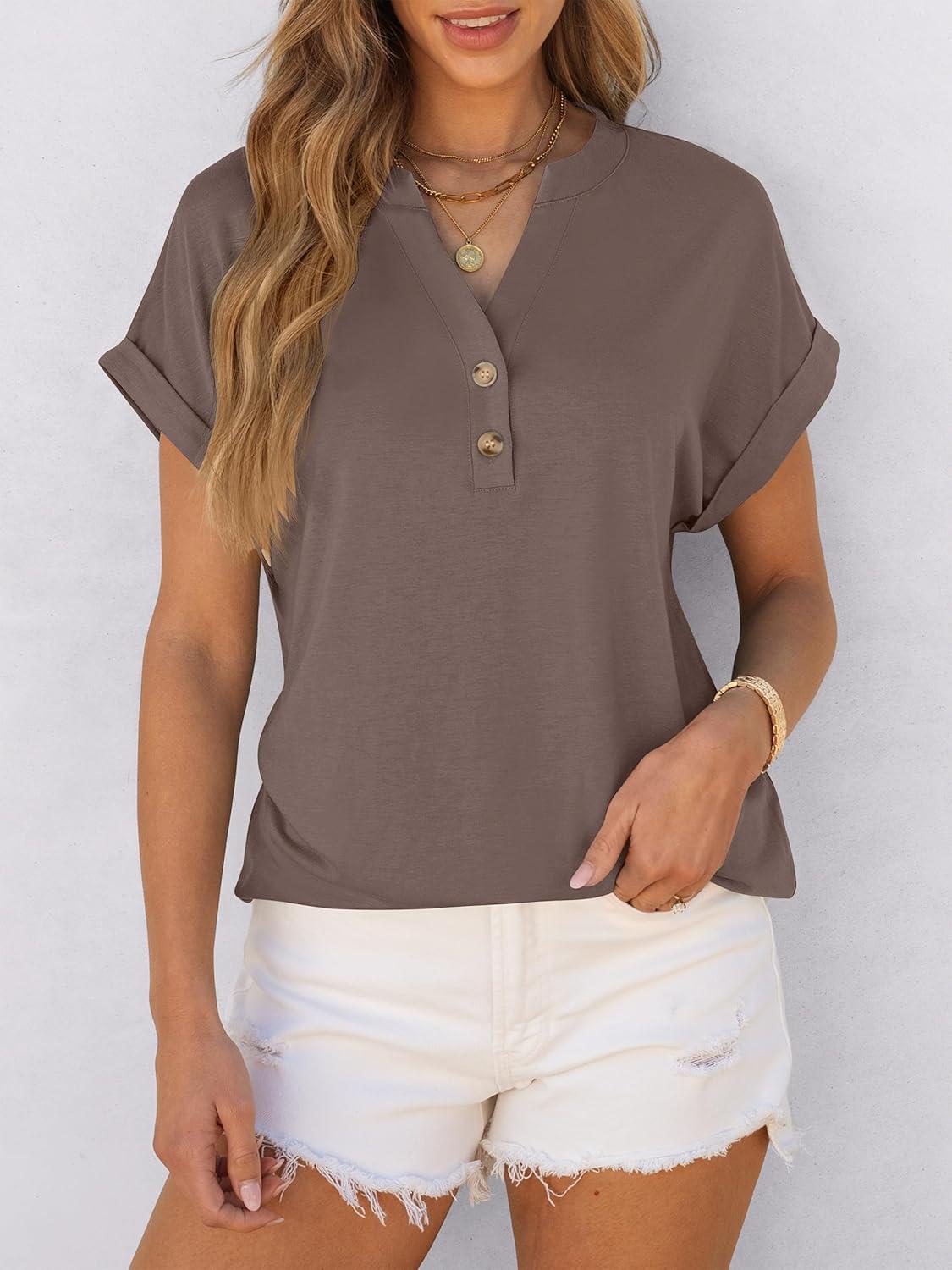imageANRABESS Womens Short Sleeve Henley Tops V Neck Dressy Casual Blouses Summer Trendy Tee Shirts 2025 Vacation Fashion ClothesBrown