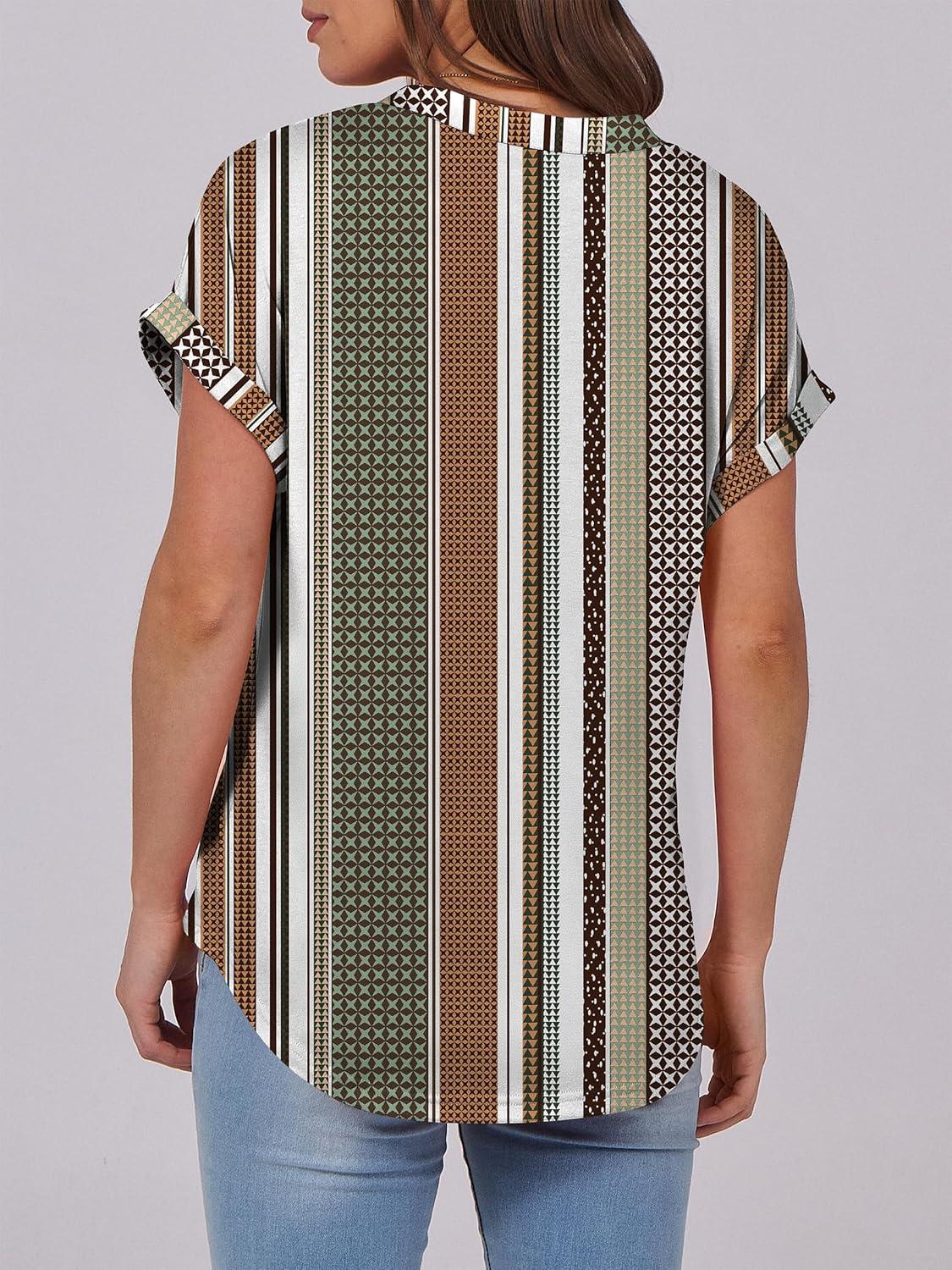 imageANRABESS Womens Short Sleeve Henley Tops V Neck Dressy Casual Blouses Summer Trendy Tee Shirts 2025 Vacation Fashion ClothesBrown White Strip