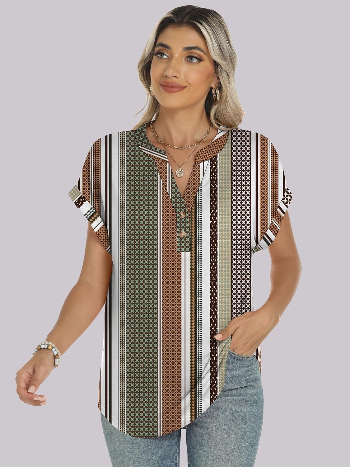 imageANRABESS Womens Short Sleeve Henley Tops V Neck Dressy Casual Blouses Summer Trendy Tee Shirts 2025 Vacation Fashion ClothesBrown White Strip