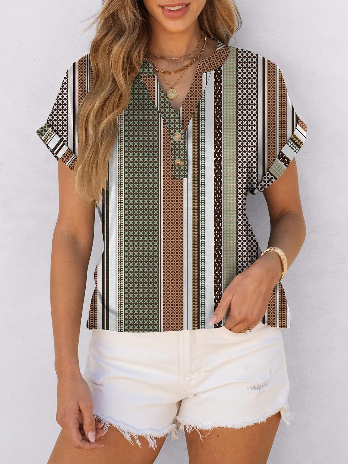 imageANRABESS Womens Short Sleeve Henley Tops V Neck Dressy Casual Blouses Summer Trendy Tee Shirts 2025 Vacation Fashion ClothesBrown White Strip