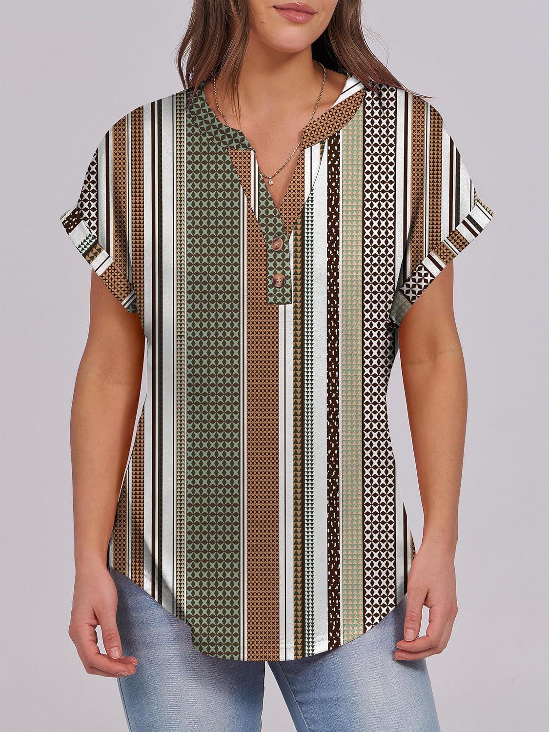 imageANRABESS Womens Short Sleeve Henley Tops V Neck Dressy Casual Blouses Summer Trendy Tee Shirts 2025 Vacation Fashion ClothesBrown White Strip