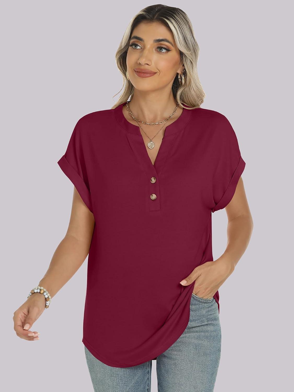 imageANRABESS Womens Short Sleeve Henley Tops V Neck Dressy Casual Blouses Summer Trendy Tee Shirts 2025 Vacation Fashion ClothesBurgundy