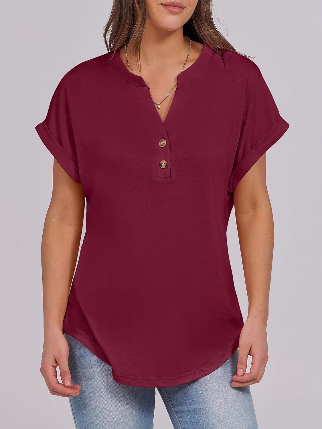 imageANRABESS Womens Short Sleeve Henley Tops V Neck Dressy Casual Blouses Summer Trendy Tee Shirts 2025 Vacation Fashion ClothesBurgundy
