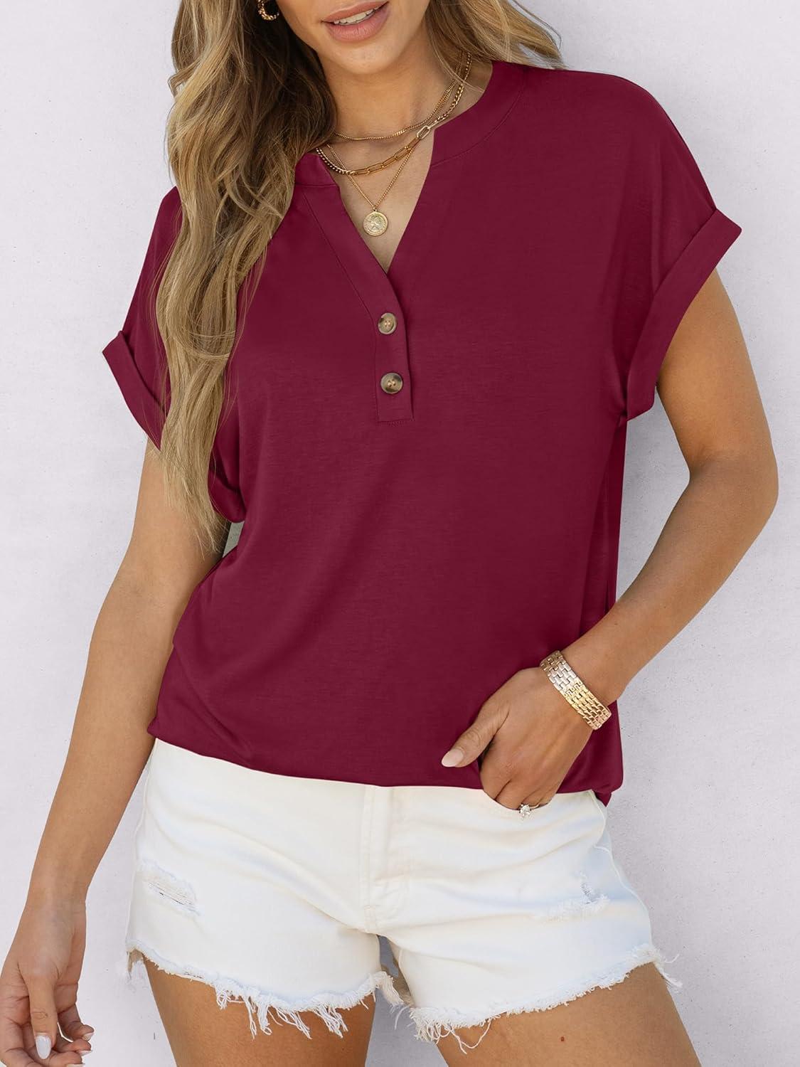 imageANRABESS Womens Short Sleeve Henley Tops V Neck Dressy Casual Blouses Summer Trendy Tee Shirts 2025 Vacation Fashion ClothesBurgundy