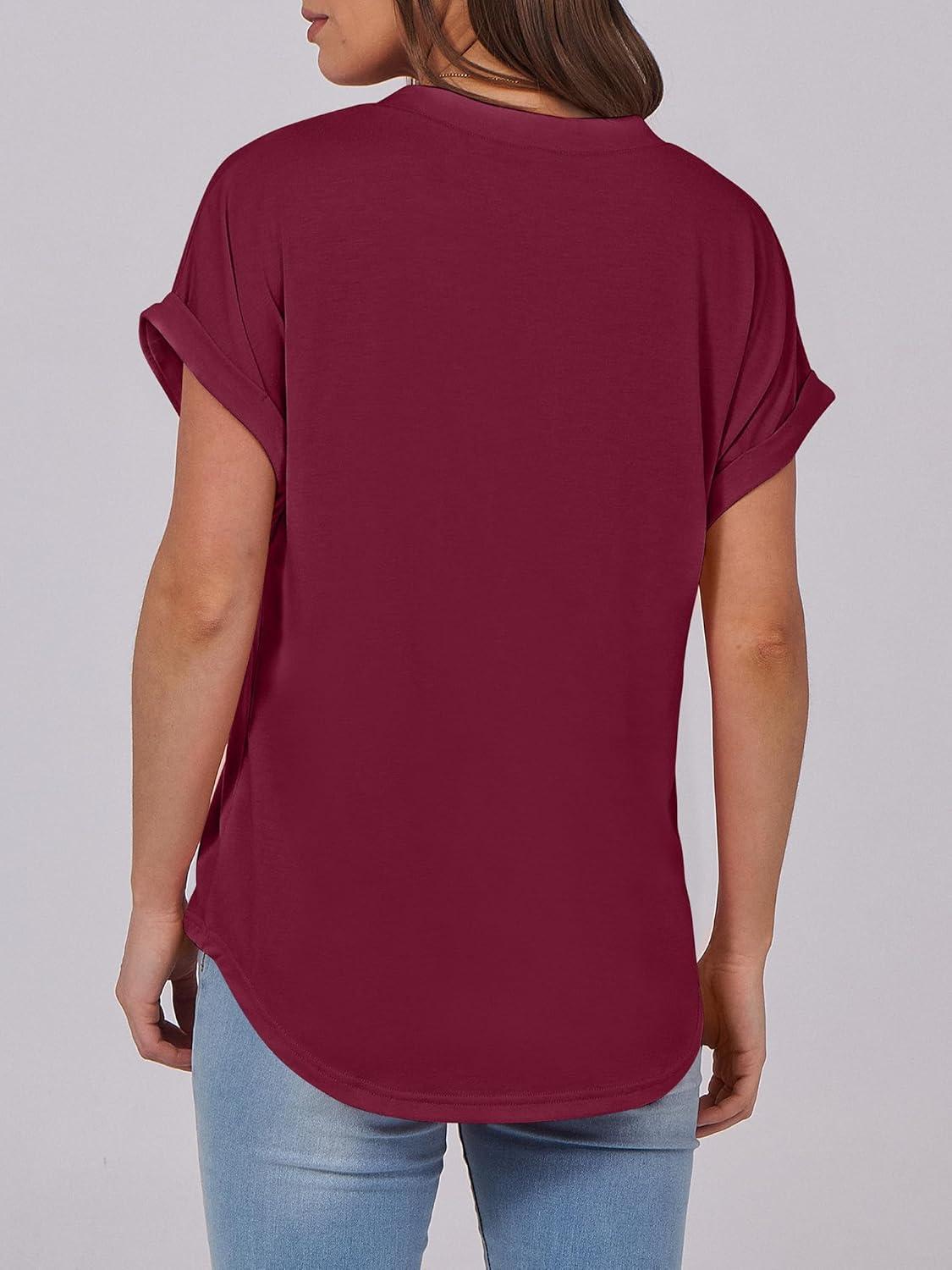 imageANRABESS Womens Short Sleeve Henley Tops V Neck Dressy Casual Blouses Summer Trendy Tee Shirts 2025 Vacation Fashion ClothesBurgundy