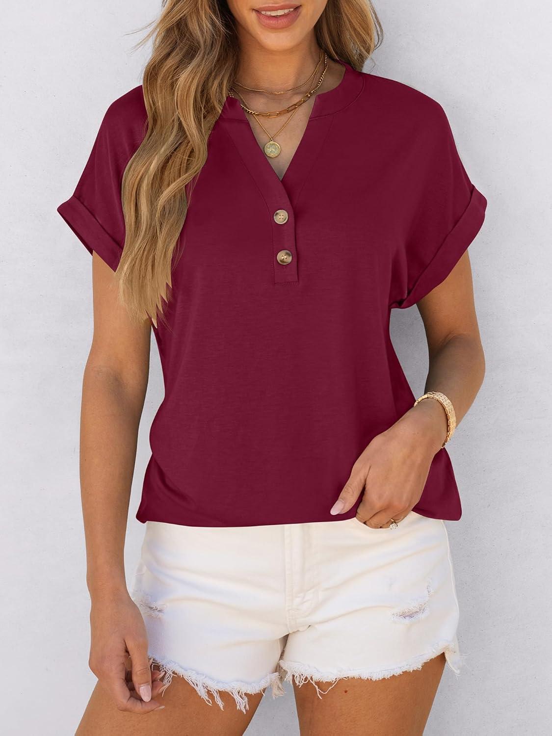 imageANRABESS Womens Short Sleeve Henley Tops V Neck Dressy Casual Blouses Summer Trendy Tee Shirts 2025 Vacation Fashion ClothesBurgundy