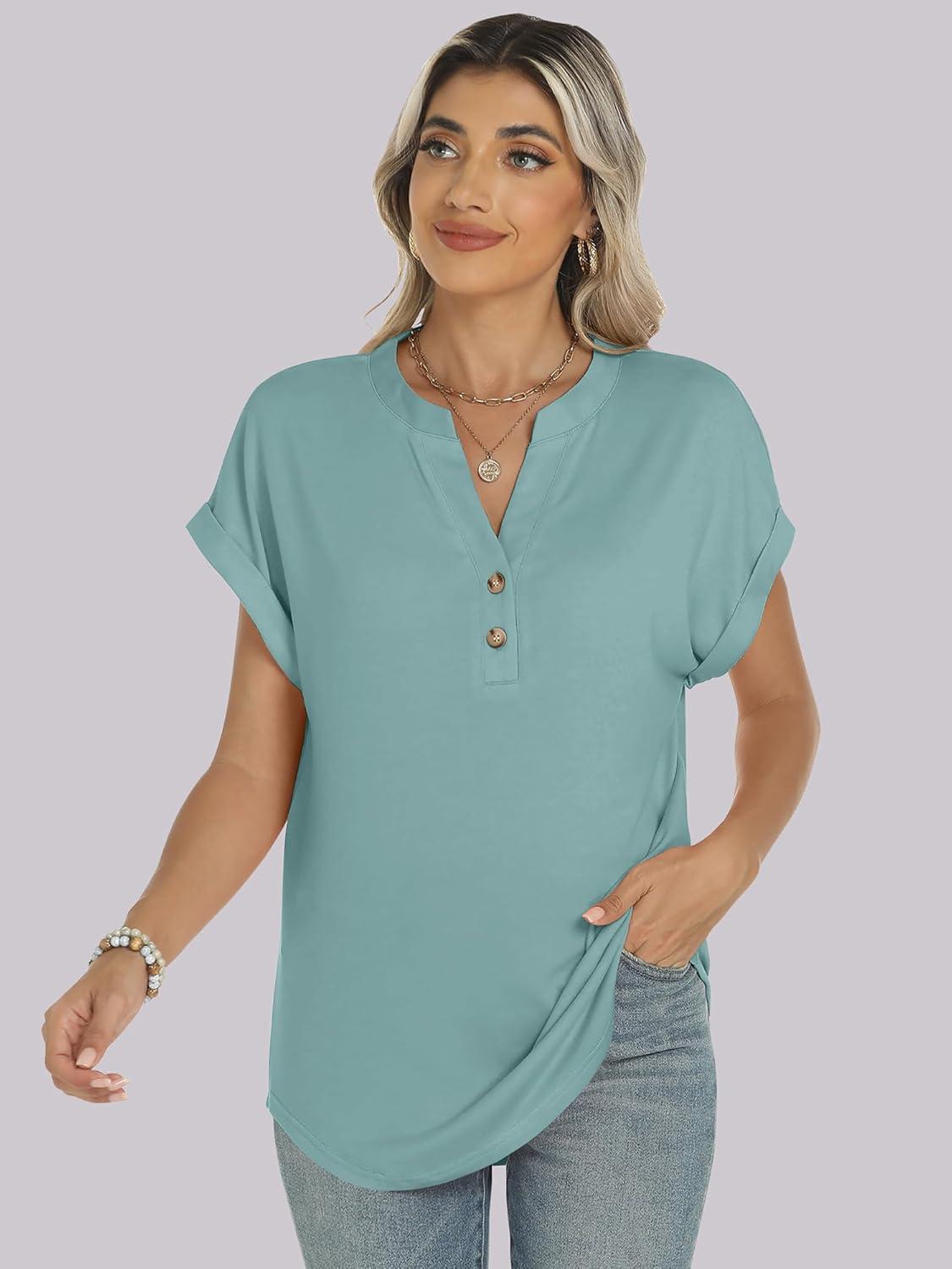 imageANRABESS Womens Short Sleeve Henley Tops V Neck Dressy Casual Blouses Summer Trendy Tee Shirts 2025 Vacation Fashion ClothesCadet Blue