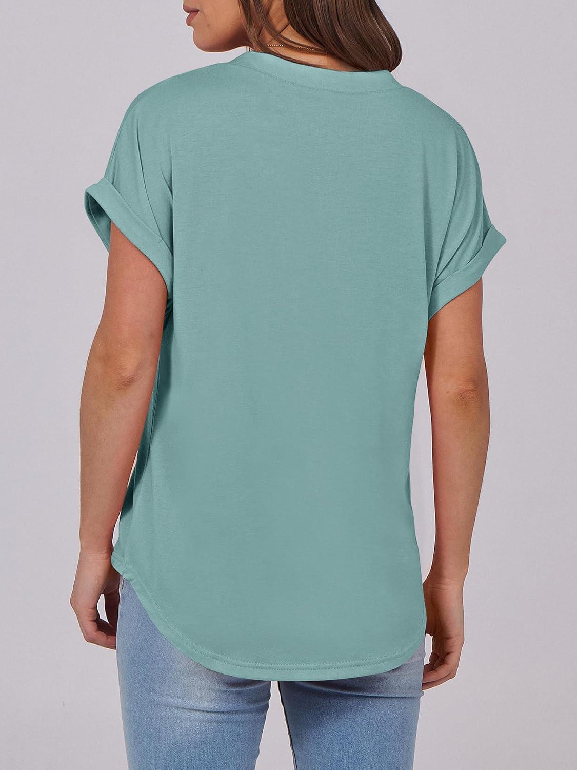 imageANRABESS Womens Short Sleeve Henley Tops V Neck Dressy Casual Blouses Summer Trendy Tee Shirts 2025 Vacation Fashion ClothesCadet Blue