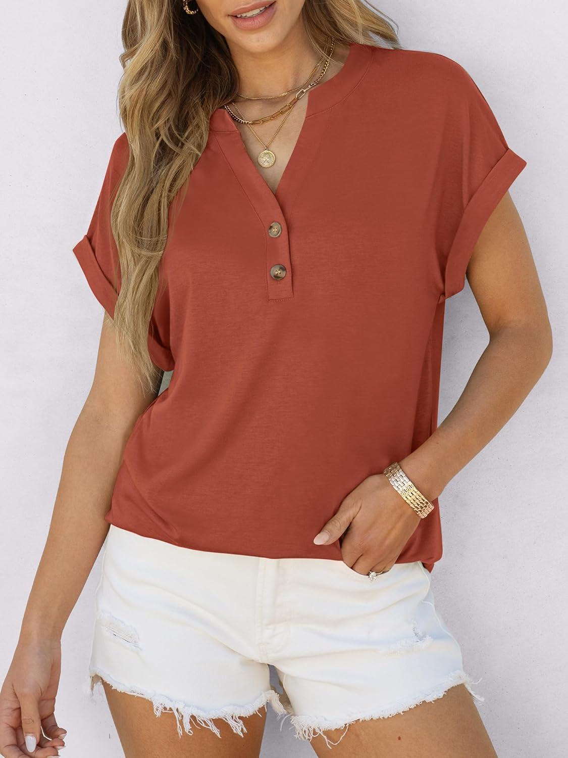 imageANRABESS Womens Short Sleeve Henley Tops V Neck Dressy Casual Blouses Summer Trendy Tee Shirts 2025 Vacation Fashion ClothesCaramel Brown