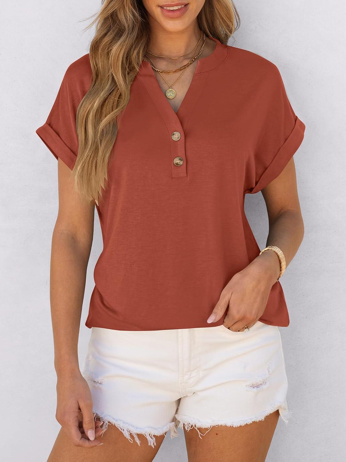 imageANRABESS Womens Short Sleeve Henley Tops V Neck Dressy Casual Blouses Summer Trendy Tee Shirts 2025 Vacation Fashion ClothesCaramel Brown