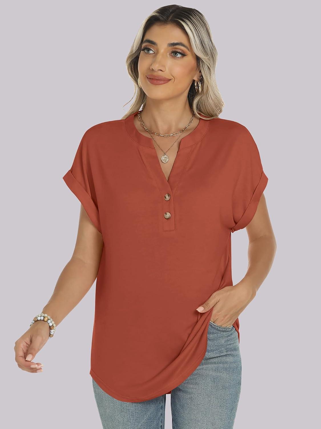 imageANRABESS Womens Short Sleeve Henley Tops V Neck Dressy Casual Blouses Summer Trendy Tee Shirts 2025 Vacation Fashion ClothesCaramel Brown