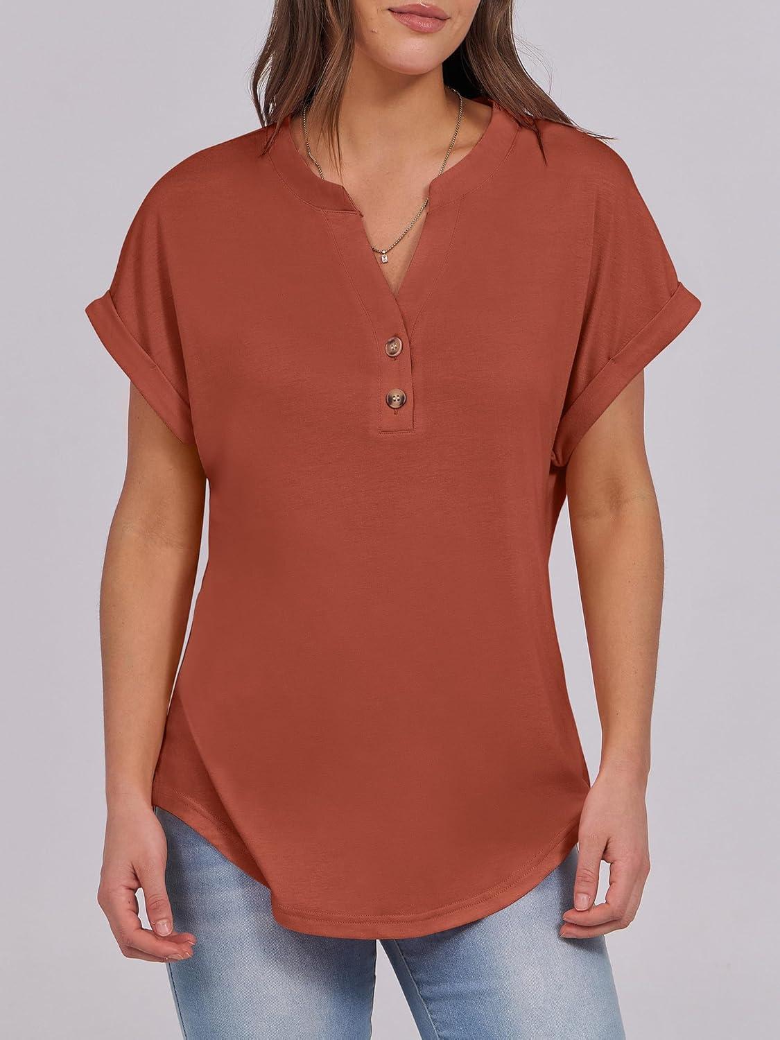imageANRABESS Womens Short Sleeve Henley Tops V Neck Dressy Casual Blouses Summer Trendy Tee Shirts 2025 Vacation Fashion ClothesCaramel Brown