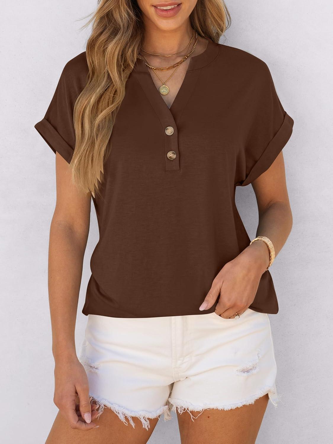 imageANRABESS Womens Short Sleeve Henley Tops V Neck Dressy Casual Blouses Summer Trendy Tee Shirts 2025 Vacation Fashion ClothesCoffee