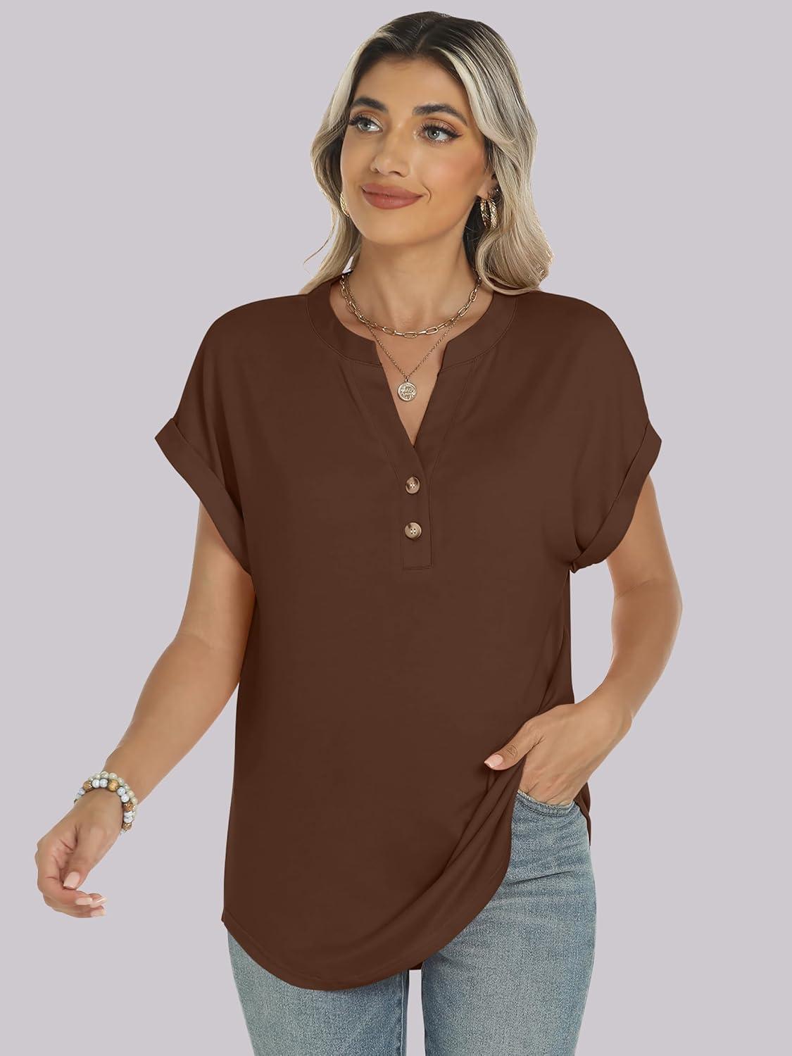 imageANRABESS Womens Short Sleeve Henley Tops V Neck Dressy Casual Blouses Summer Trendy Tee Shirts 2025 Vacation Fashion ClothesCoffee