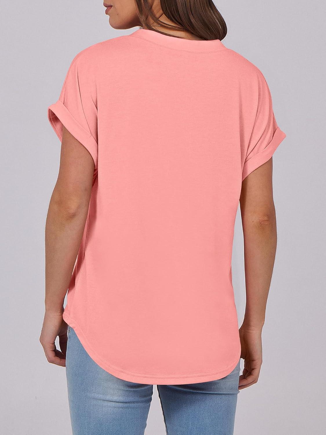 imageANRABESS Womens Short Sleeve Henley Tops V Neck Dressy Casual Blouses Summer Trendy Tee Shirts 2025 Vacation Fashion ClothesCoral